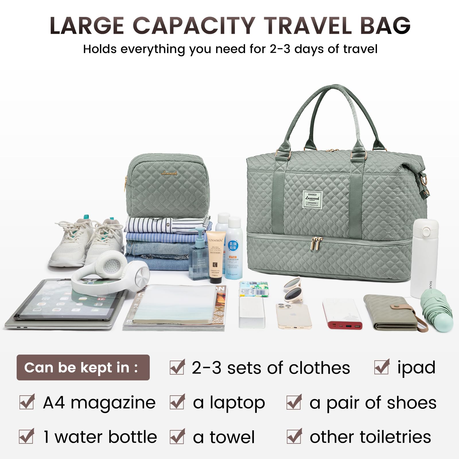 LOVEVOOK Reisetasche Sporttasche Damen Groß Weekender Travel Duffle Bag mit Kulturbeutel Handgepäck Tasche mit Schuhfach Kliniktasche Geburt Mama Set Wasserdicht für Flugzeug Reise Gym Camping