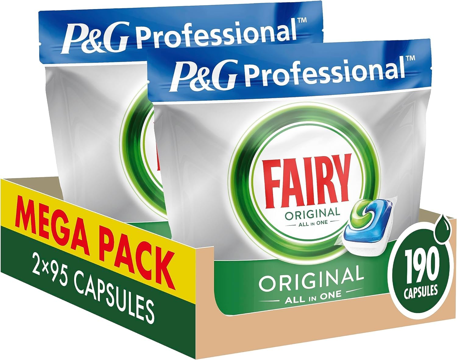 Fairy Pastillas para lavavajillas profesional todo en 1, 190 cápsulas (2 x 95), limpieza brillante y brillo, 2 veces más rápido en el programa de lavado corto