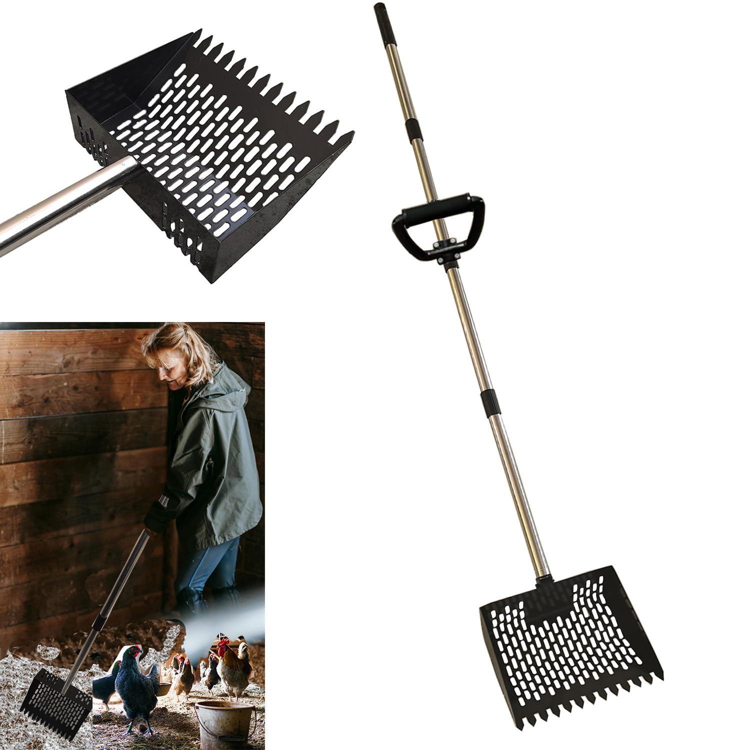 2 in1 Chicken Poop Scooper & Rake 10 Inch Chicken Scooper with Ergonomic Grip Adjustable Long Handle (22 to 62") Sifting Shovel Stainless Steel Metal