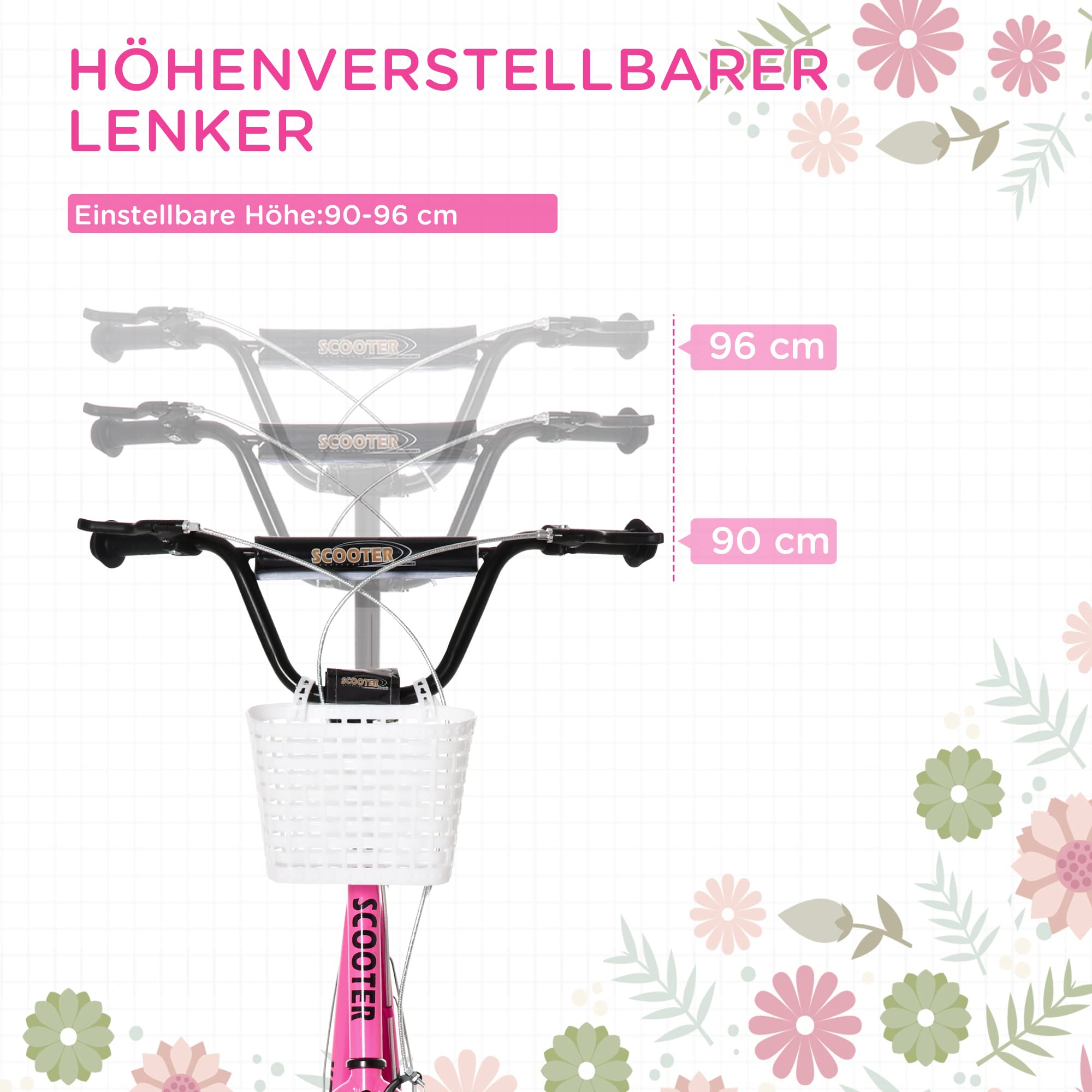 HOMCOM Roller Kinderroller mit Luftreifen Handbremse, 16 Zoll Tretroller Höhenverstellbar Kickscooter für Jungen und Mädchen 5-12 Jahre Kickboard Cityroller Kinder Scooter