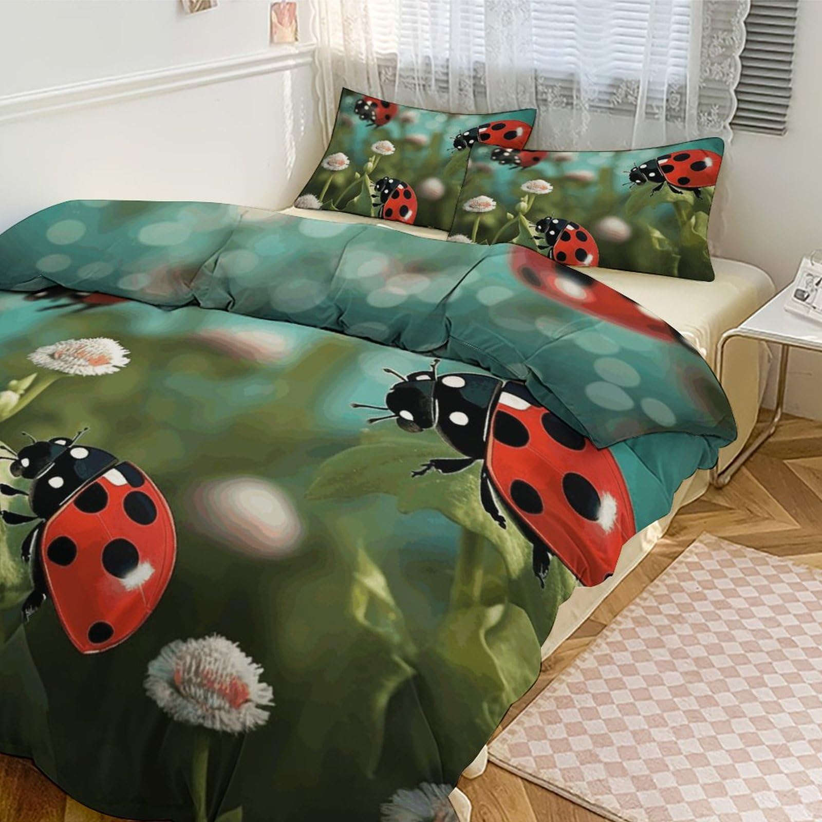 Set di biancheria da letto 3 pezzi, ultra morbido, con copriletto con paesaggio coccinella + 2 federe, leggero copripiumino double-face per casa/hotel/regali, 259 x 228,6 cm
