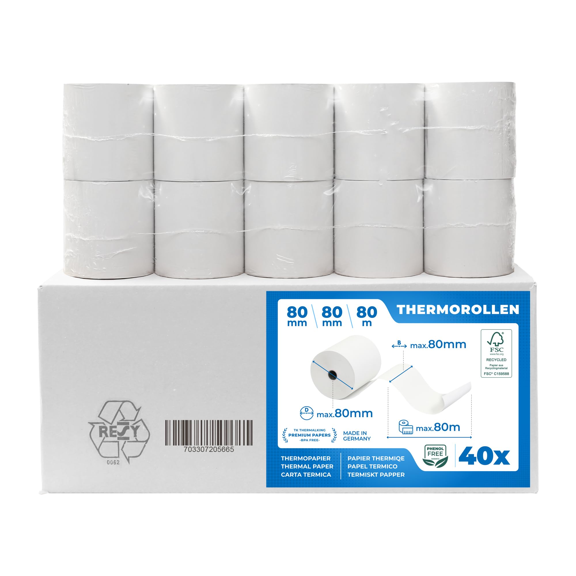 THERMALKING - Rotoli Cassa 80x80 Termica Fiscale [senza BPA] - Rotolo per stampante registratore di cassa fiscale 80mm x 80m x 12mm - Rotolini carta termica 80x80x12 - [40x]