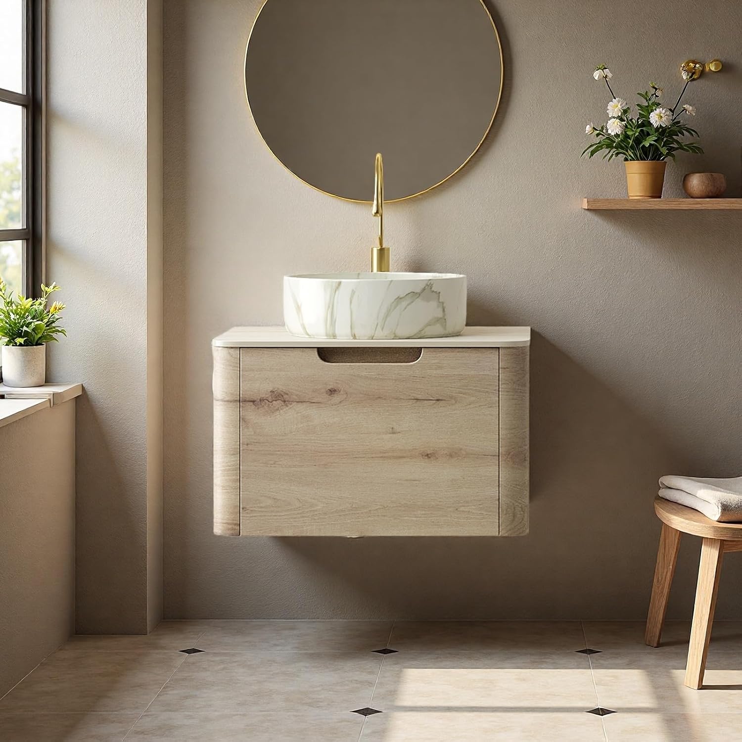 Bathroom Vanity with Sink, 24" Wall-Mounted Bathroom Storage Cabinet with Round Ceramic Basin & Soft-Close Undermount Drawer, Modern Pre-assembled Floating Vanity with Curved Design, White Oak
