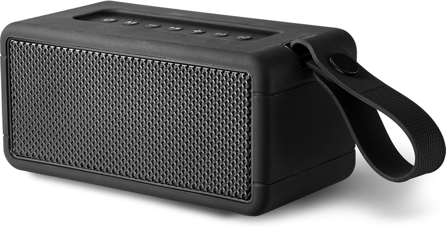 AT&T Essentials Retro 40W Bluetooth Speaker, IPX6 Waterproof, Bluetooth 5.3, LED Light Modes, Bass & Treble Control, 12H Battery, USB-C Charging, Outdoor & Indoor Use, Home Audio System - Black