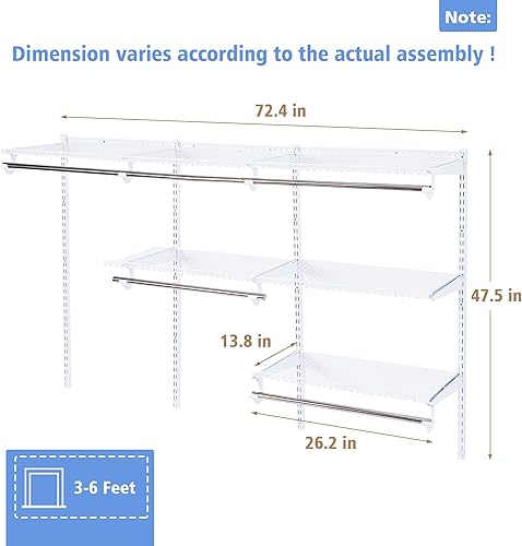 Miniatura 3 de JC Jorden Kit de armario montado de 3 a 6 pies, kit de sistema organizador de armario personalizado con estantería de alambre y varillas para