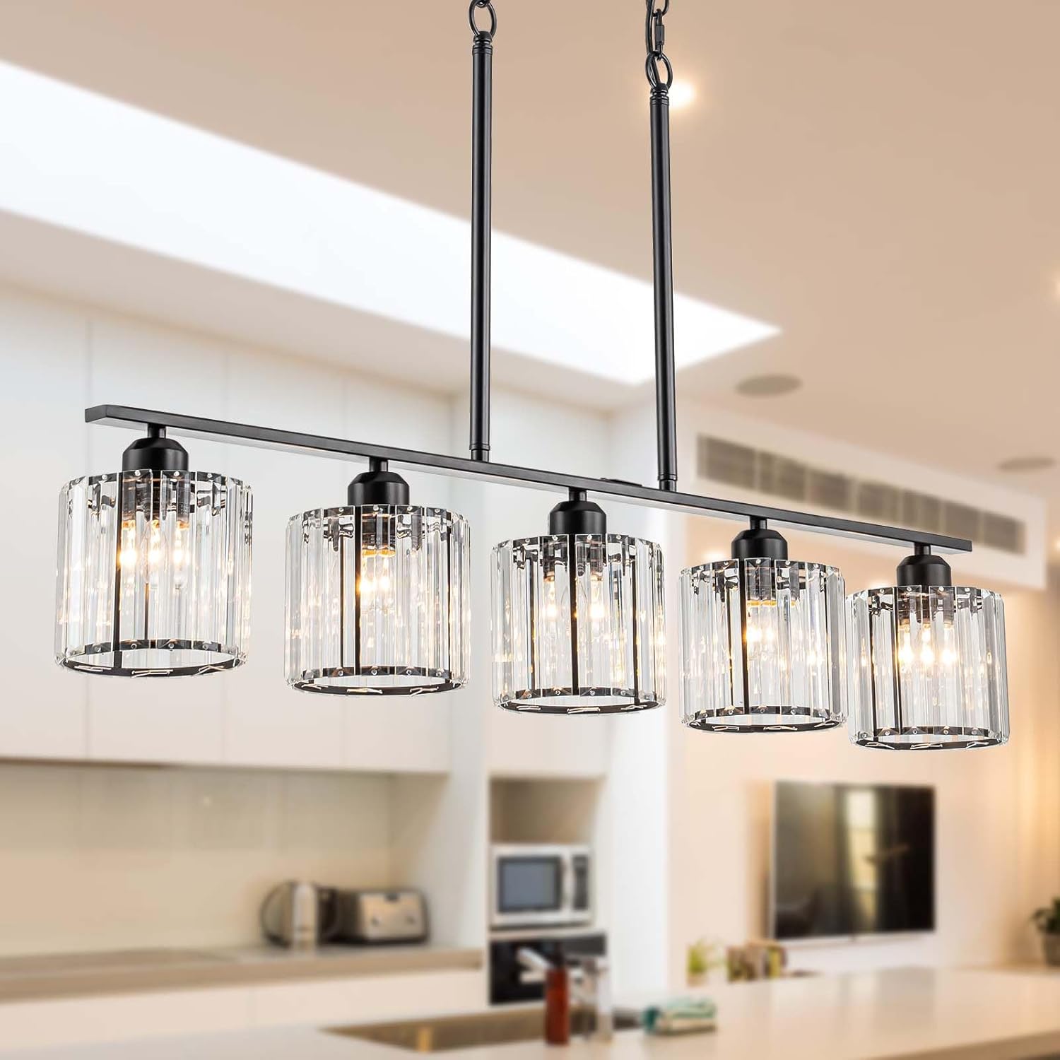 Alynzee 36" Chandeliers for Dining Room Light Fixtures Over Table, 5-Light Black Linear Farmhouse Pendant Lights Kitchen Island Lighting, Modern Island Lights for Kitchen with Clear K9 Cystal Shades