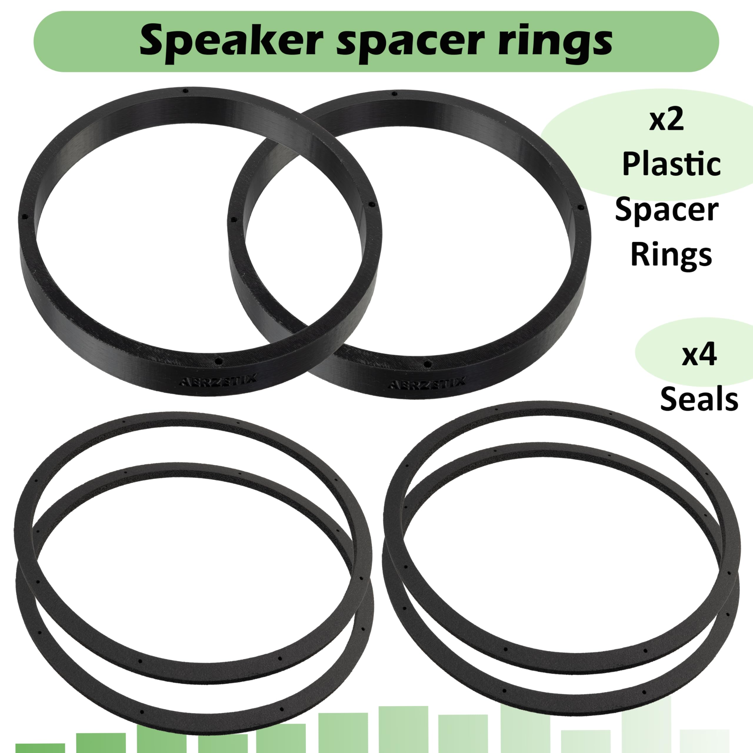Aerzetix - Set di 2 anelli/distanziatori/boccole distanziatrici per altoparlanti Ø200x18 mm in plastica ABS + 4 guarnizioni di tenuta