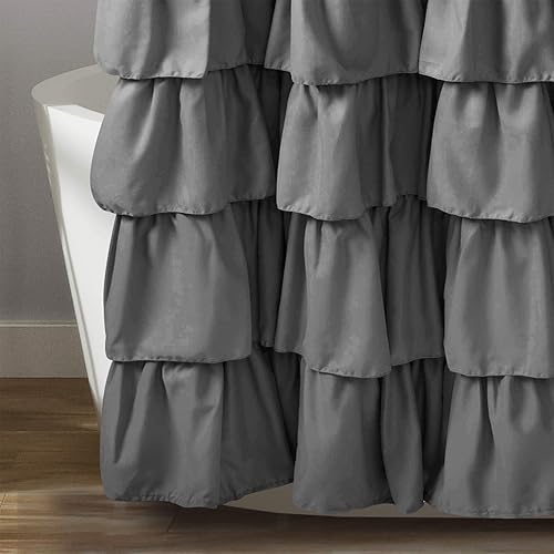 Miniatura 4 de Cortina de ducha rústica Seasonwood de granja, cortina de ducha gris con botón, decoración de baño, patrón de cuadros de búfalo negro con volantes