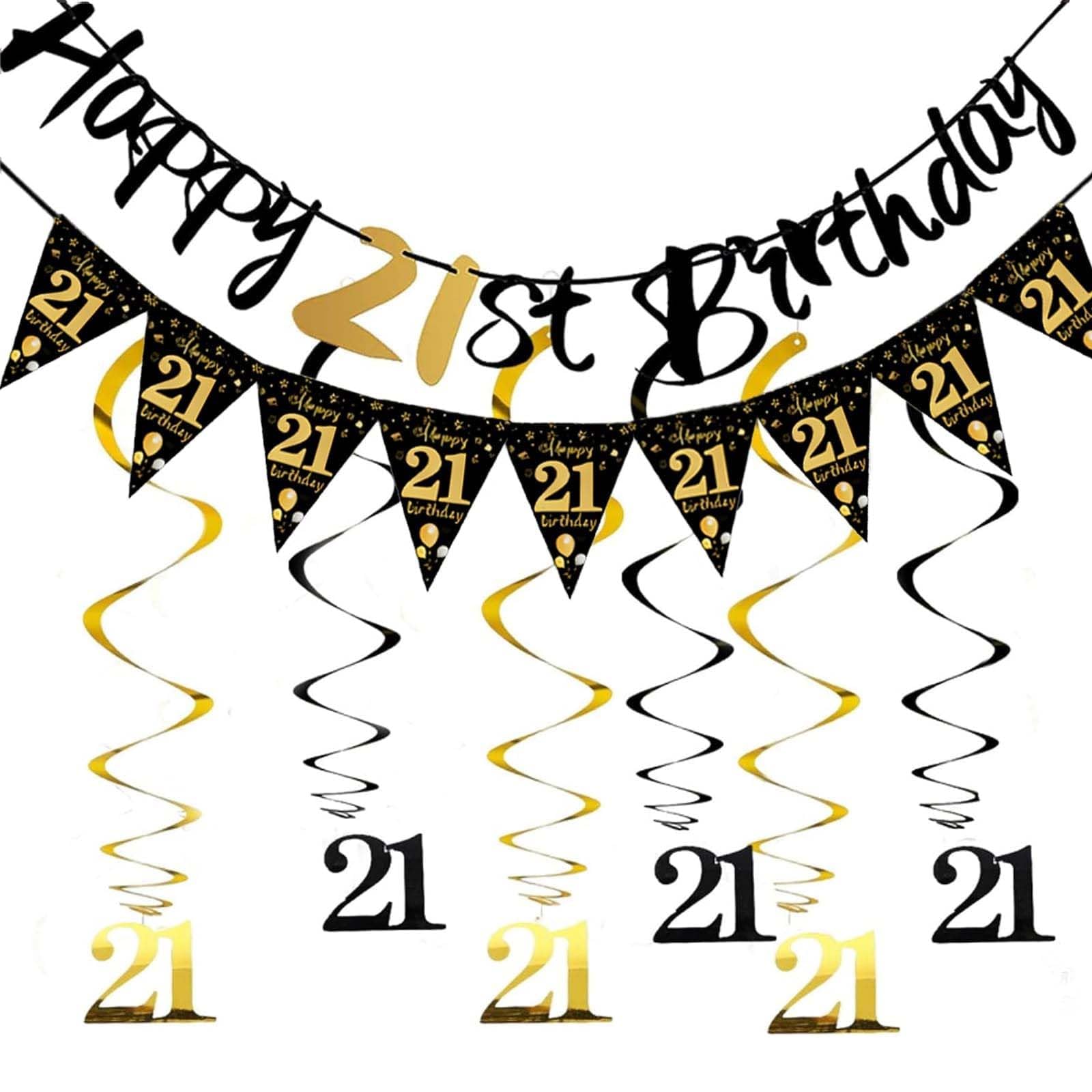 Aiyraa 21st Birthday Banner, Happy 21st Birthday Decorations, Black Gold Banner with Bunting, Streamers & Triangle Flag, Premium Party Supplies and Gifts for Him/Her