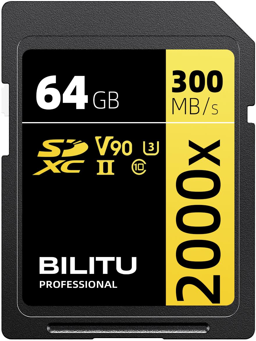 BILITU Tarjeta de memoria SD profesional de 64 GB, UHS-II, V90, Full HD y video 4K, con una velocidad de lectura de hasta 280 MB/s, adecuada para fotógrafos profesionales, videógrafos y entusiastas