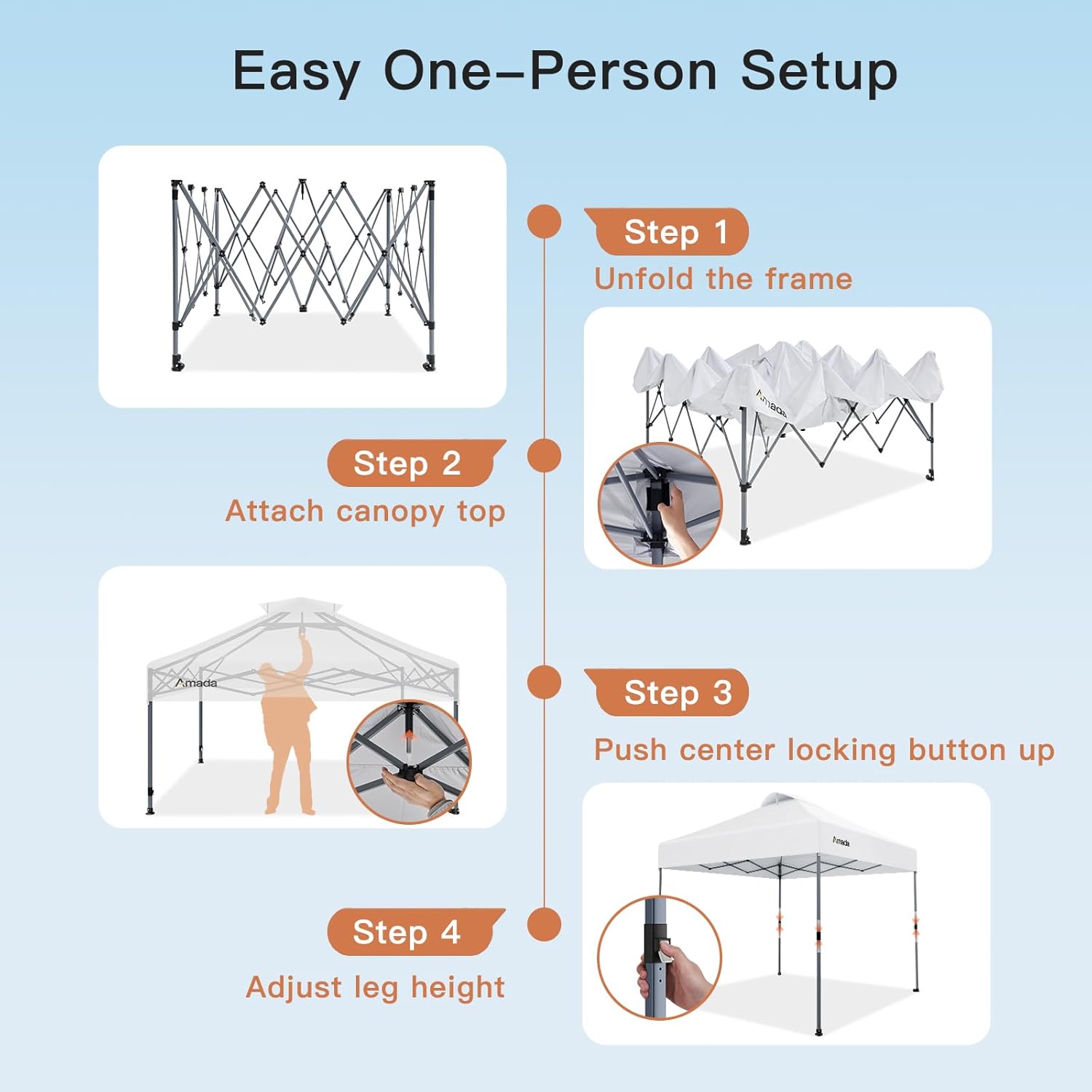 Amada 10x10 Pop Up Canopy Tent, 1-Button Push Easy-up Outdoor Canopy Beach Tent with 3-Height Adjustable Waterproof Shade Shelter, Wheeled STO-N-Go Bag 8 Stakes, 4 SandBags (10x10ft, White)