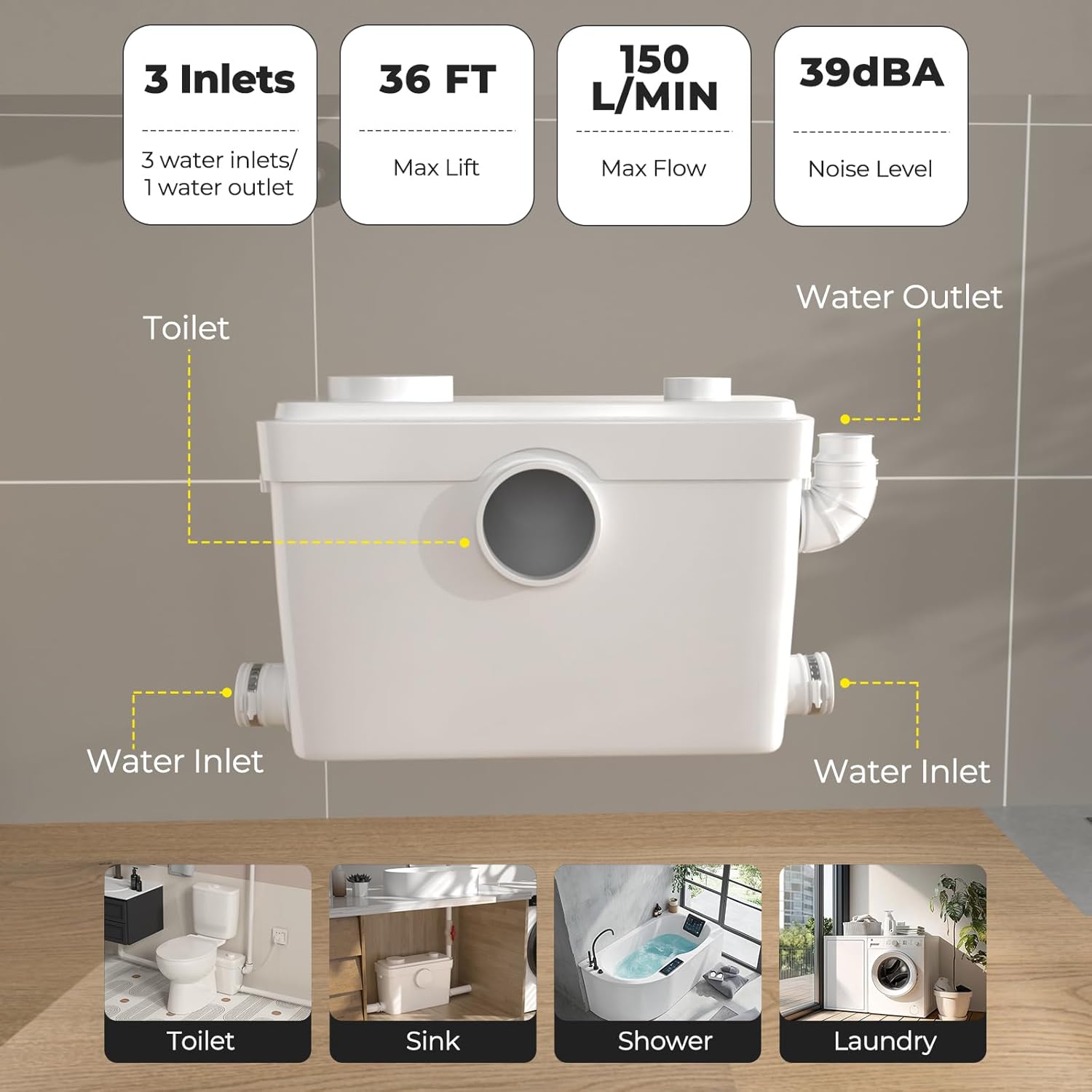 750PRO Upgrade Macerating Toilet System with Pump Combo for Basement Upflush, One-Piece Full Skirted Toilet, Sewarege Pump for Sink/Shower/Washer Waste Water Disposal, 35ft Lifting, Copper Motor