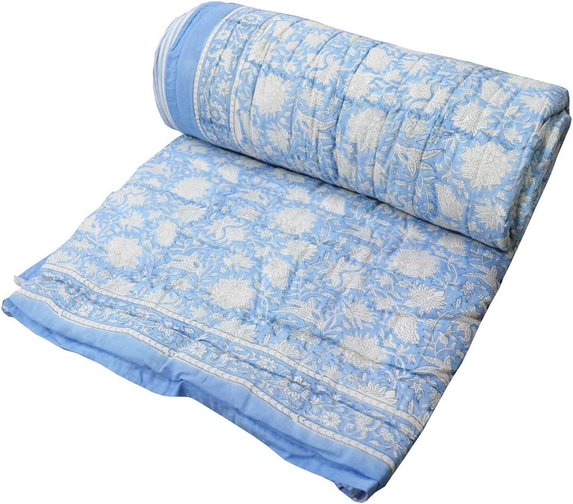 Hand Block Floral Print Indian Handmade Queen Size Light Weight in Side Doctor Cotton Reversible Razai Quilt Throw Ethnic Coverlet Blanket