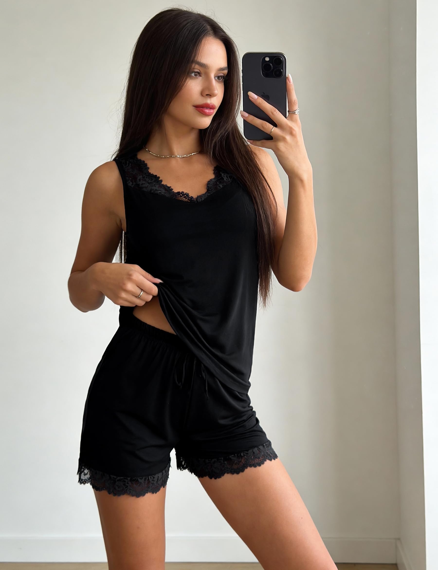 Demegimi Kurzer Schlafanzug Damen Sexy Pyjama Damen Kurz Sommer Nachtwäsche Damen Set aus Baumwolle mit V Ausschnitt Spitze Ärmellos Zweiteilig Bequem für Warme Nächte S-XXL