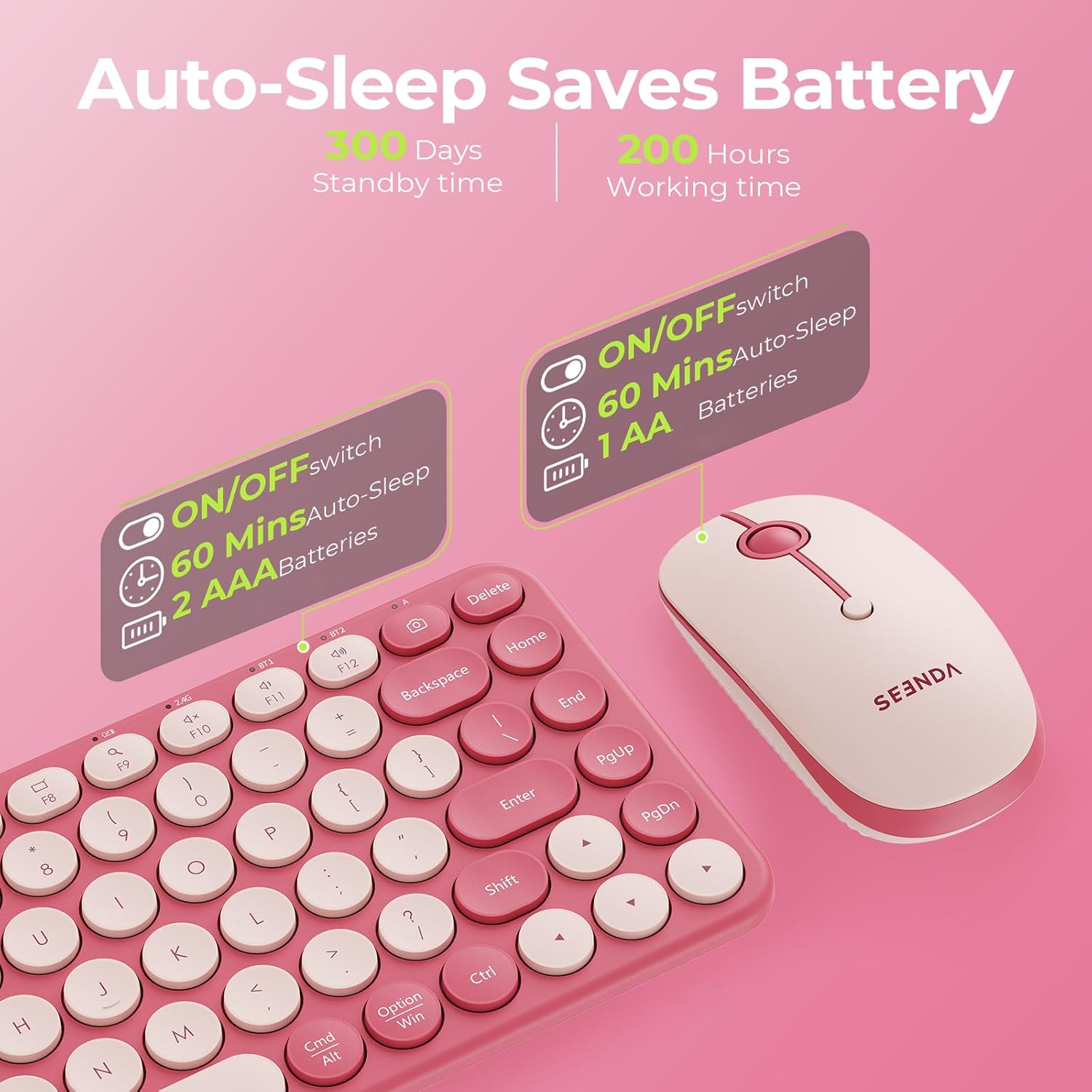 seenda Bluetooth Wireless Keyboard and Mouse Combo, COE203 Quiet Round Keycaps, 3-Device Multi-Connection, Bluetooth & 2.4G USB Receiver, Wide Compatibility with iPad/Tablet/Laptop/Mac/Windows, Pink