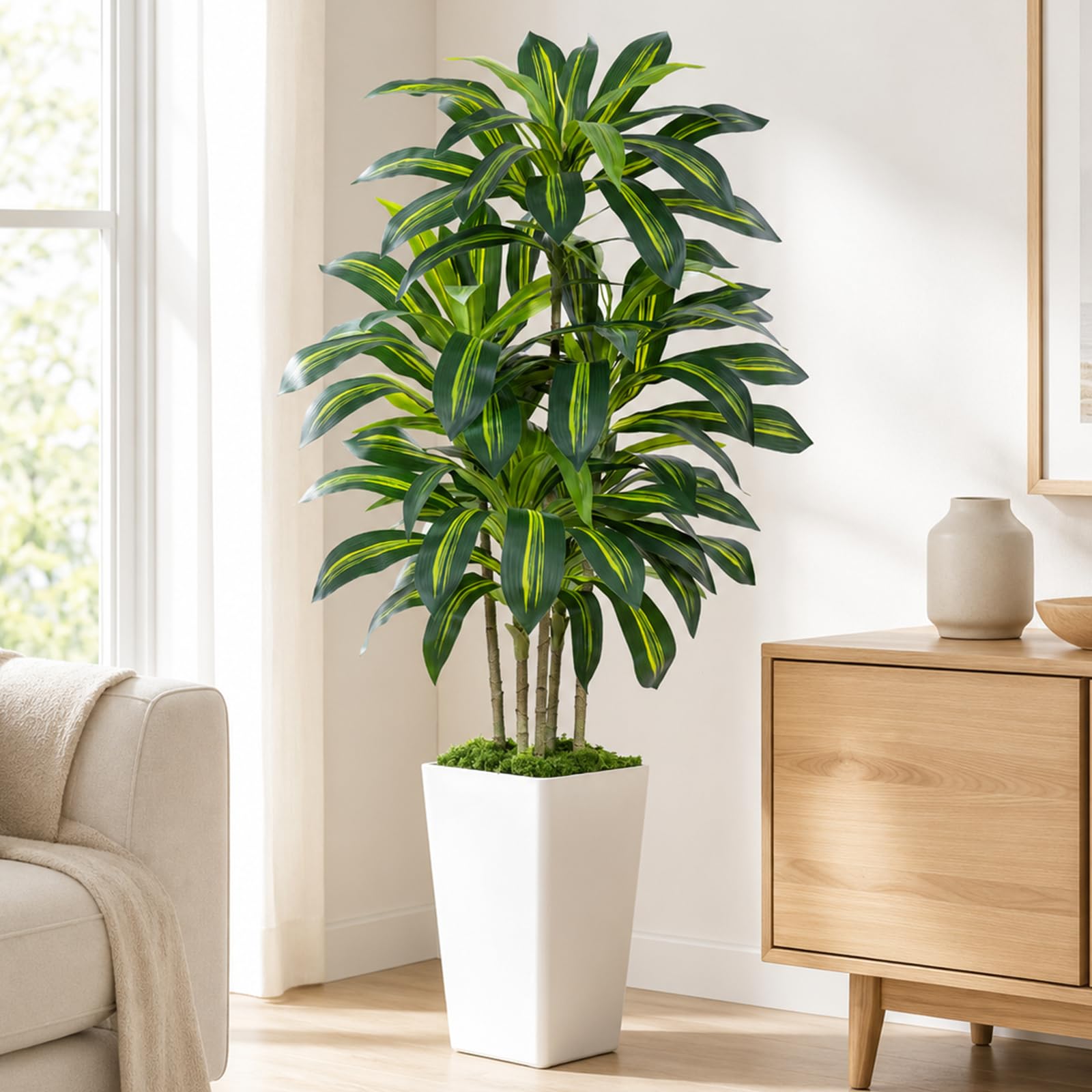 150cm Künstliche Pflanzen Dracaena Kunstpflanze Groß mit Topf Mit Planter aus weiß Kunstpflanzen wie echt für Drinnen Haus Wohnzimmer Dekoration Schlafzimmer Büro Garten (1 Stück)