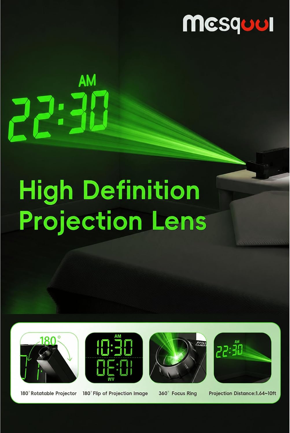 Mesqool Digital Projection Alarm Clock with Dual Alarms, 5 Levels Dimmer