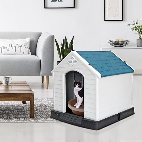 Vista 53 de Casa de plástico resistente al agua para perros pequeños a grandes, refugio interior para cachorros con rejillas de ventilación y piso elevado, Azul