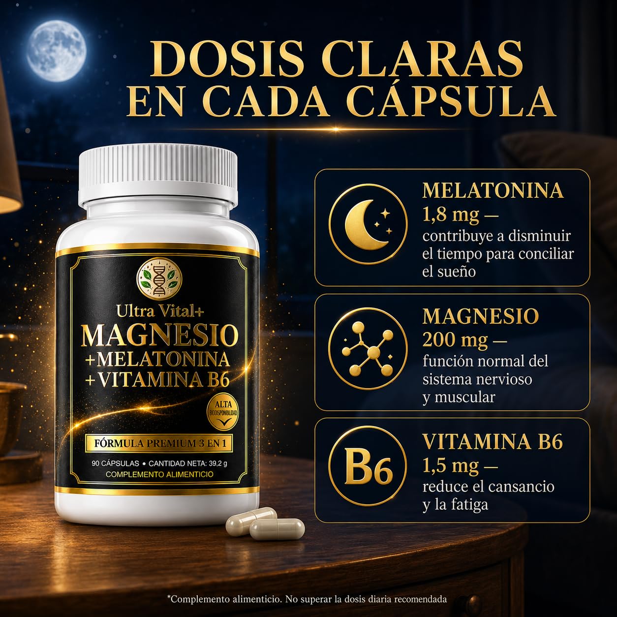 Magnesio Bisglicinato 200mg, Melatonina 1,8mg para Dormir, B6, Cáps Veganas | Glicinato de Magnesio quelado, alta absorción y B6; sin cafeína ni dióxido de titanio. 90 cápsulas, marca española con COA