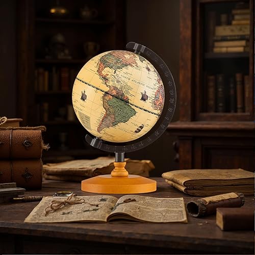 Miniatura 2 de Globo del mundo de 6 pulgadas, mini globo antiguo con soporte de metal, base de madera antideslizante y marcas geográficas, globos decorativos de