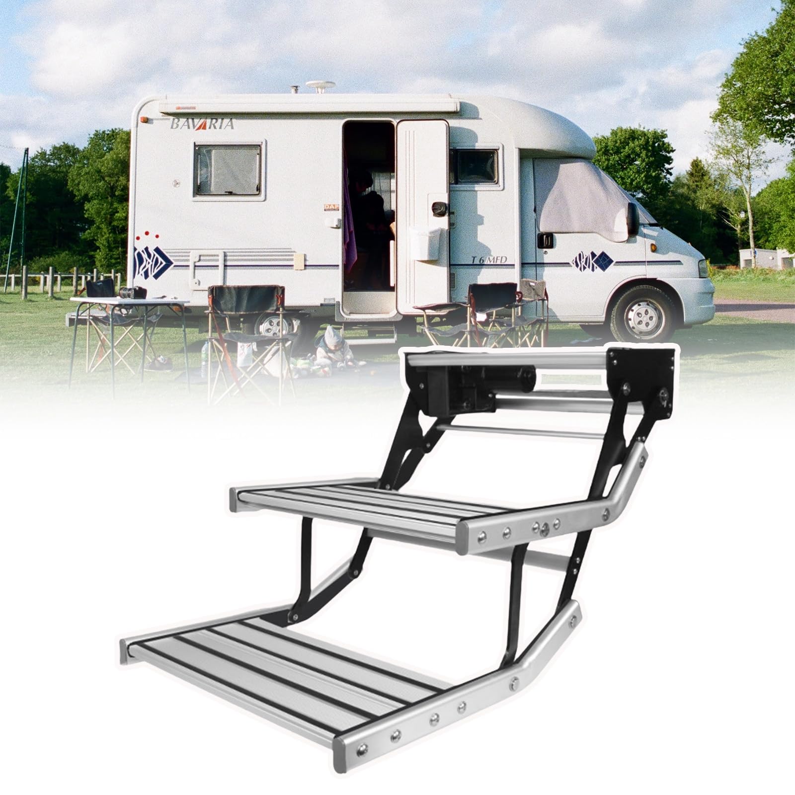 WIANQIAN Manual Electric Retractable RV Steps, RV Step Stool, Single Double Layer RV Step, With LED Light, 440lbs 200kg Load Capacity, Anodized, For Motorhomes, Trailers, Trucks Double-layerelectric