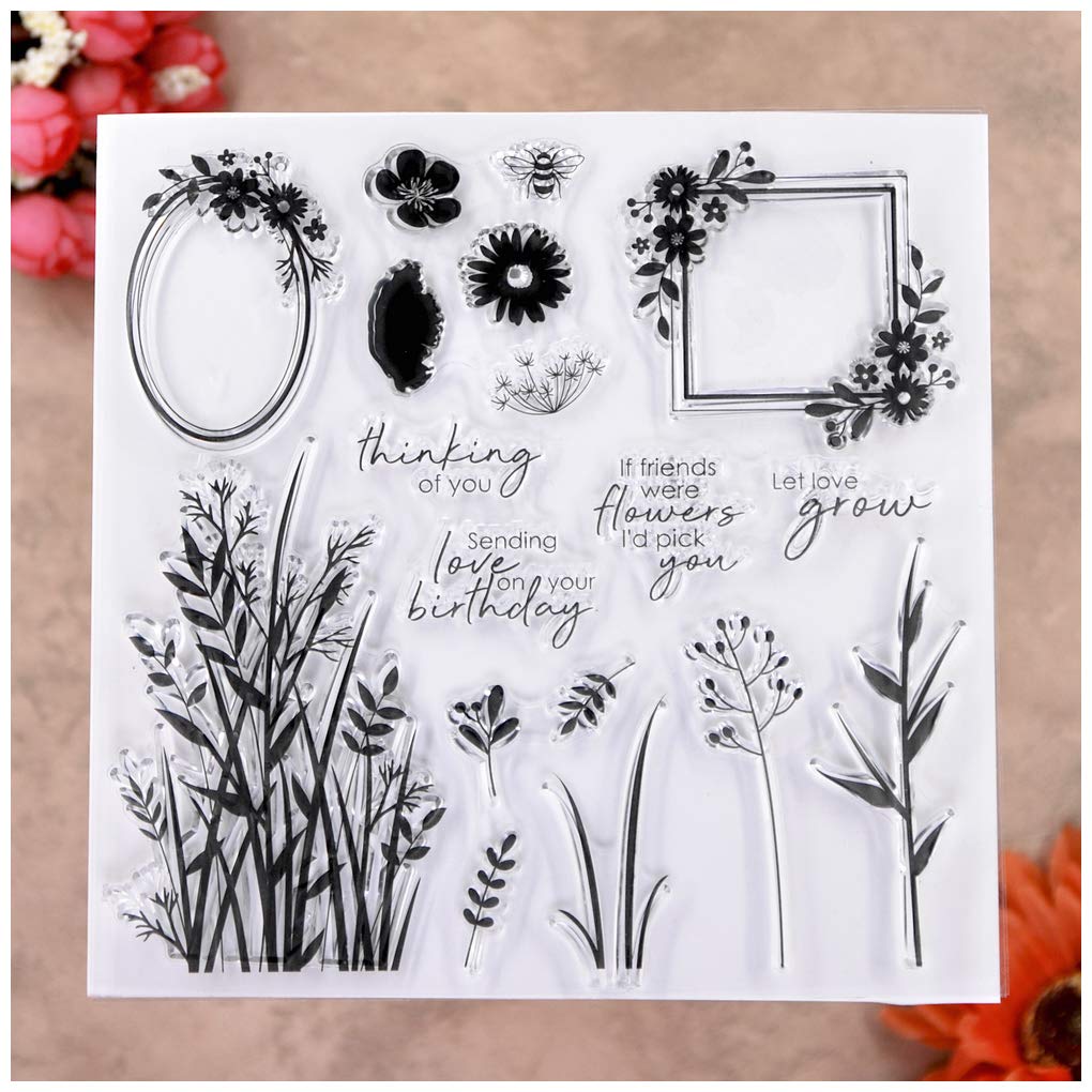 KWELLAM Grass Flowers Oval Square Frame Thinking of you Let Love Grow Clear Stamps for Card Making Decoration and DIY Scrapbooking