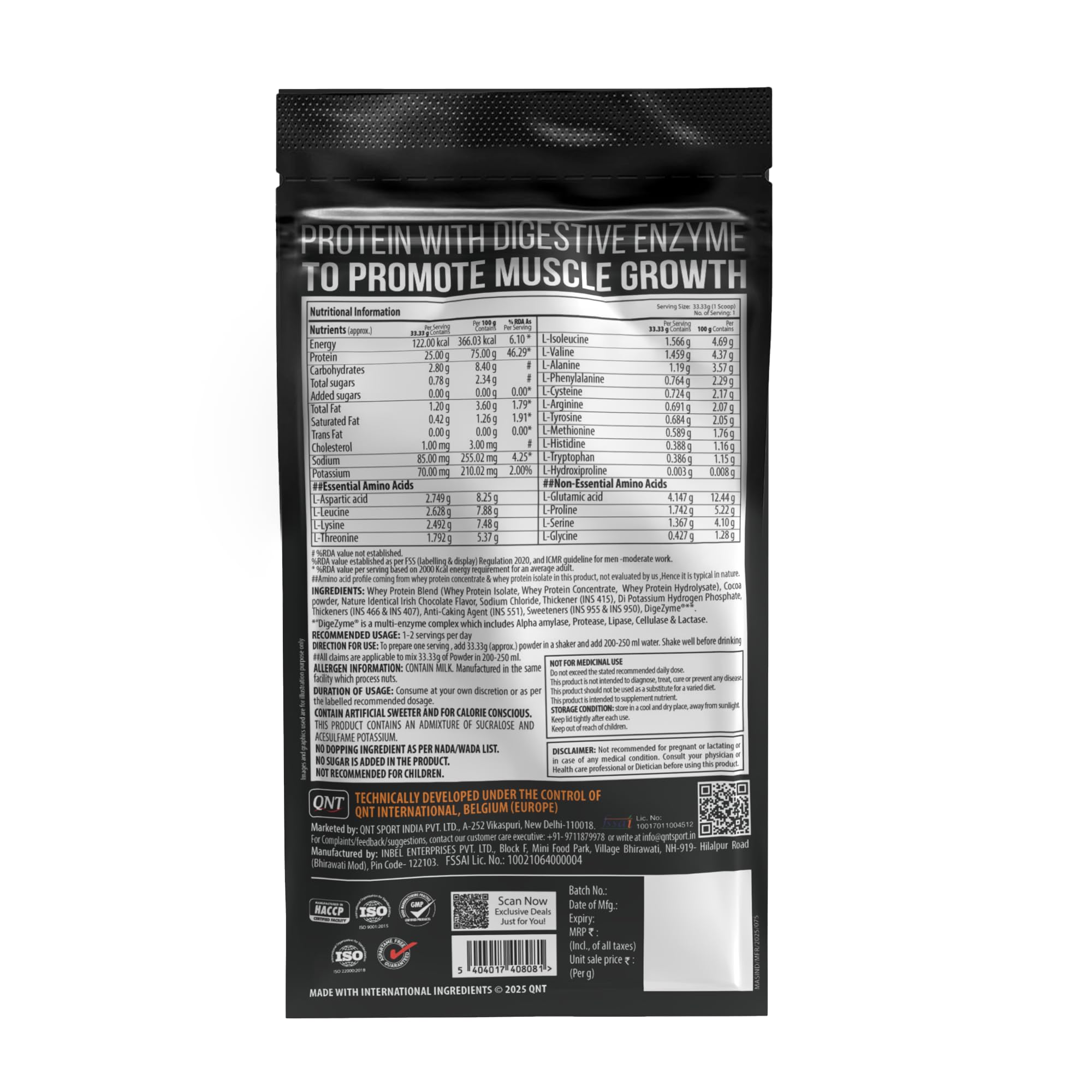 QNT Prime Whey Protein Powder | Irish Chocolate, 1 Serving Sachet | Triple Blend of Whey Isolate, Concentrate & Hydrolysate | 25g Protein, 5.65g BCAA per Scoop | Best Whey Protein Powder for Men & Women — Amazon image 2