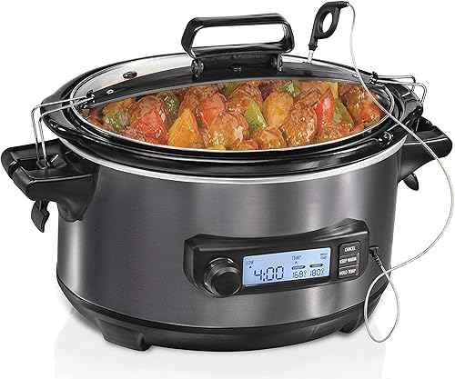 Olla de cocción lenta portátil de 6 cuartos - con bloqueo de tapa, sonda de temperatura