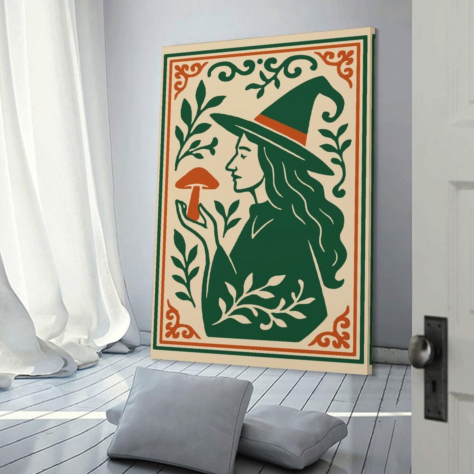 Junmoney Witch with Mushroom Illustration Canvas Wall Decor 20x30inch(50x75cm), for Entrance Walls, Hall Decor Or Foyers, Wall Decor to Refresh Empty Corners