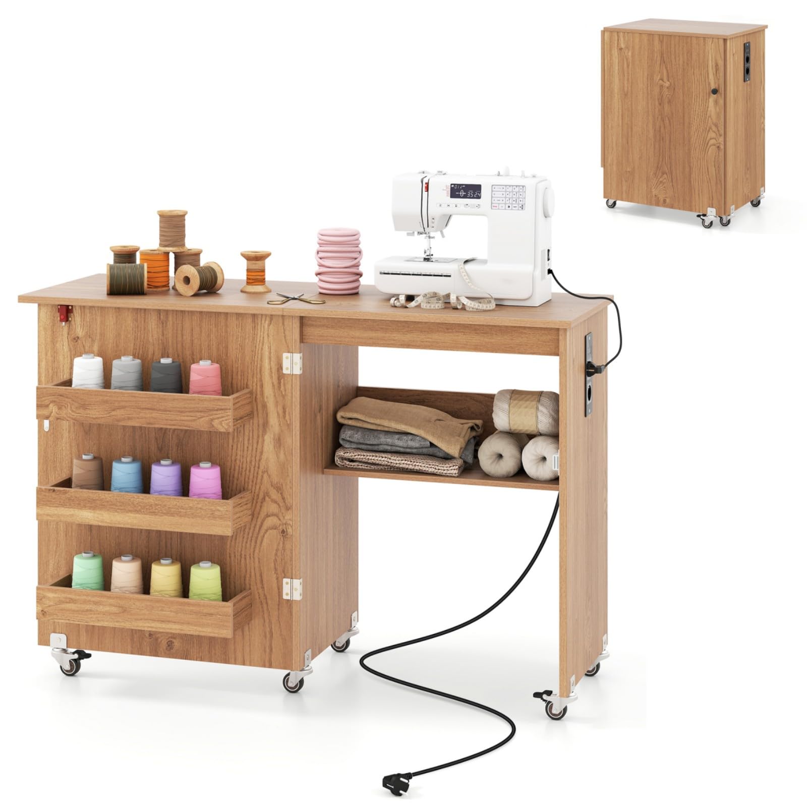 LIFEZEAL Table de Couture Pliable avec Station de Charge, Armoire Mobile pour Machine à Coudre avec étagère et tiroirs, Armoire à Couture multifonctionnelle, avec roulettes, pour la Maison (Naturel)
