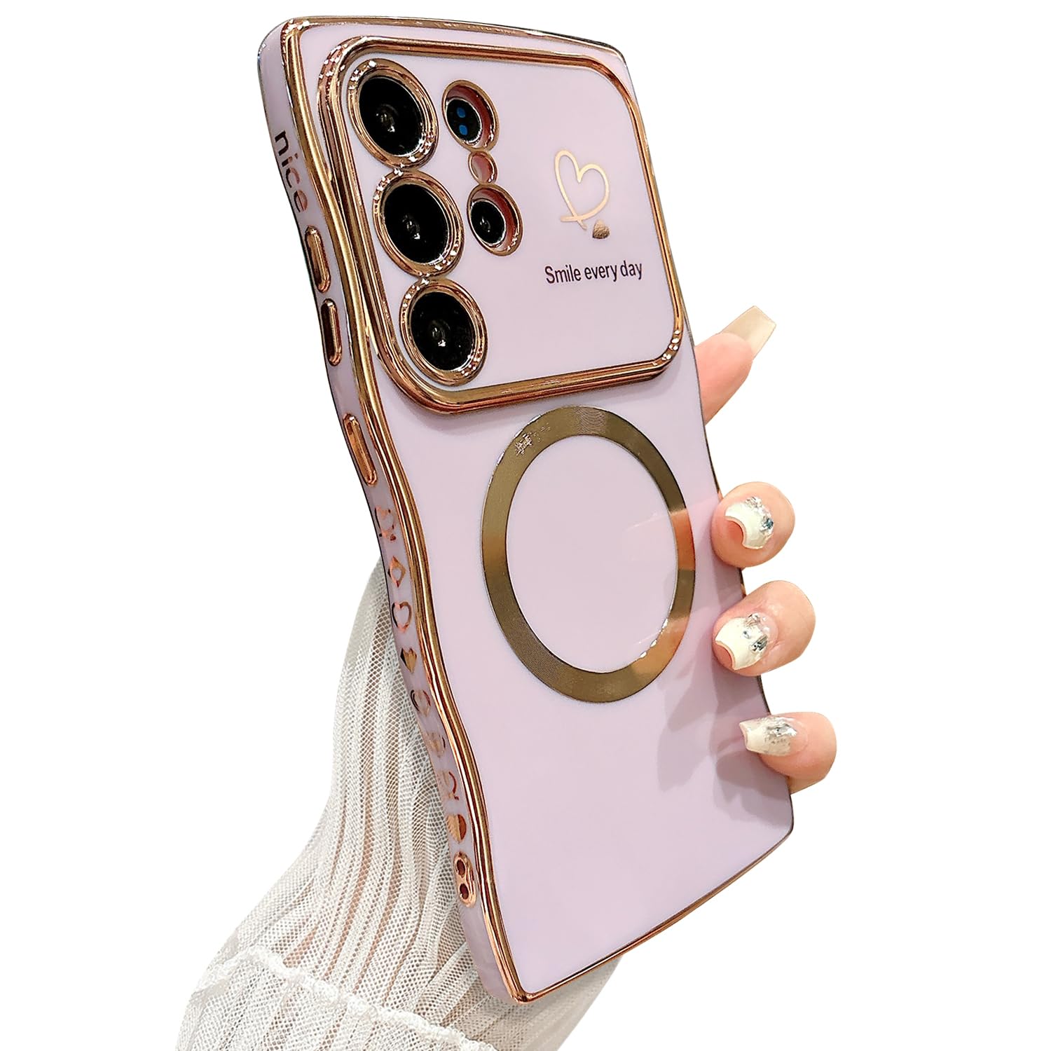 ZONRW for Samsung Galaxy S23 Ultra Case Magnetic,for Women Girls Soft Cute Wave Frame Curly Shape Love Heart Luxury Plating Phone Case Compatible with