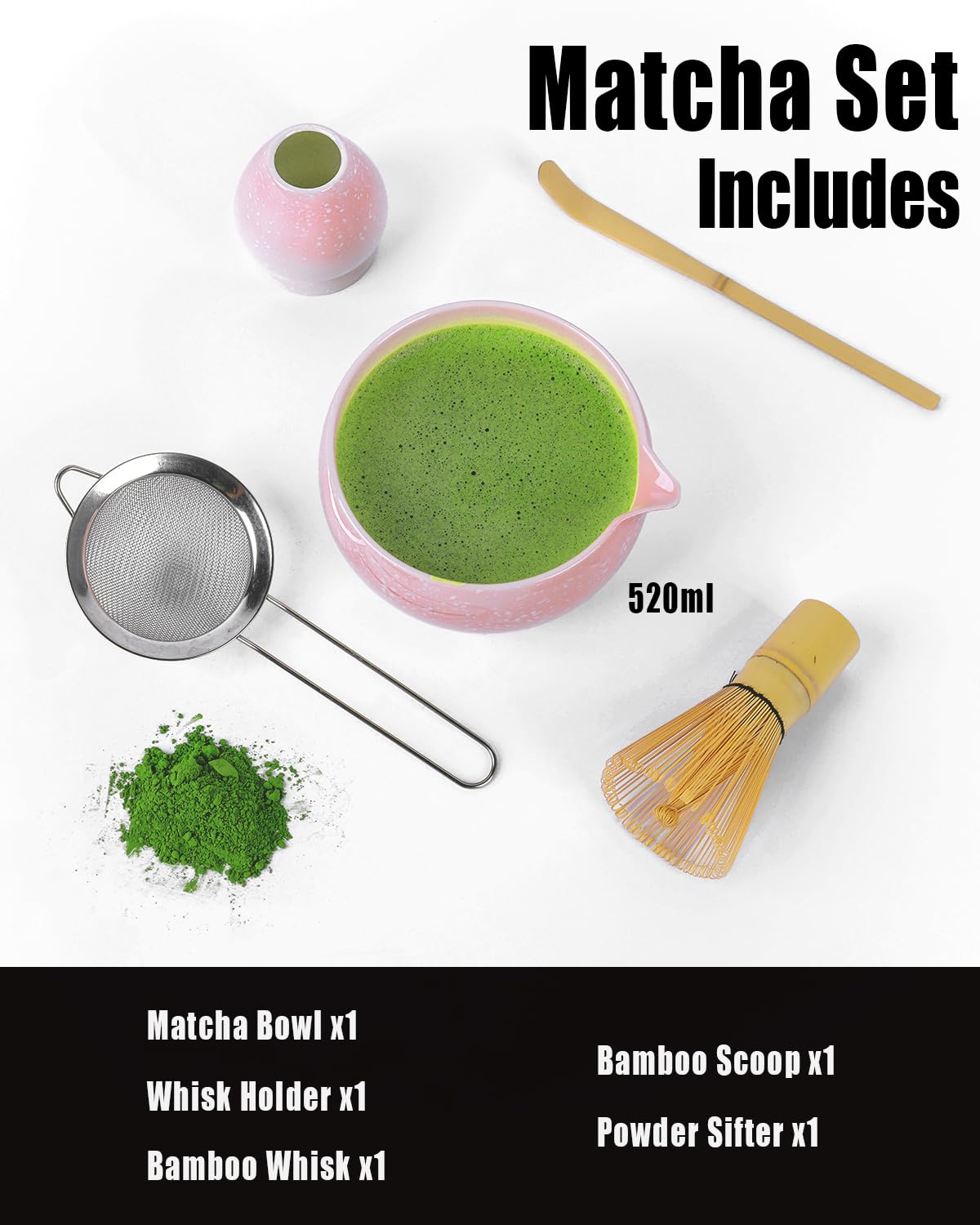 Matcha Set di 5 pezzi Premium Starter Set con ciotola (Chawan) e scopa, accessori per il tradizionale set da tè Matcha, 5PCS-MT062, 5PCS-MT062Z