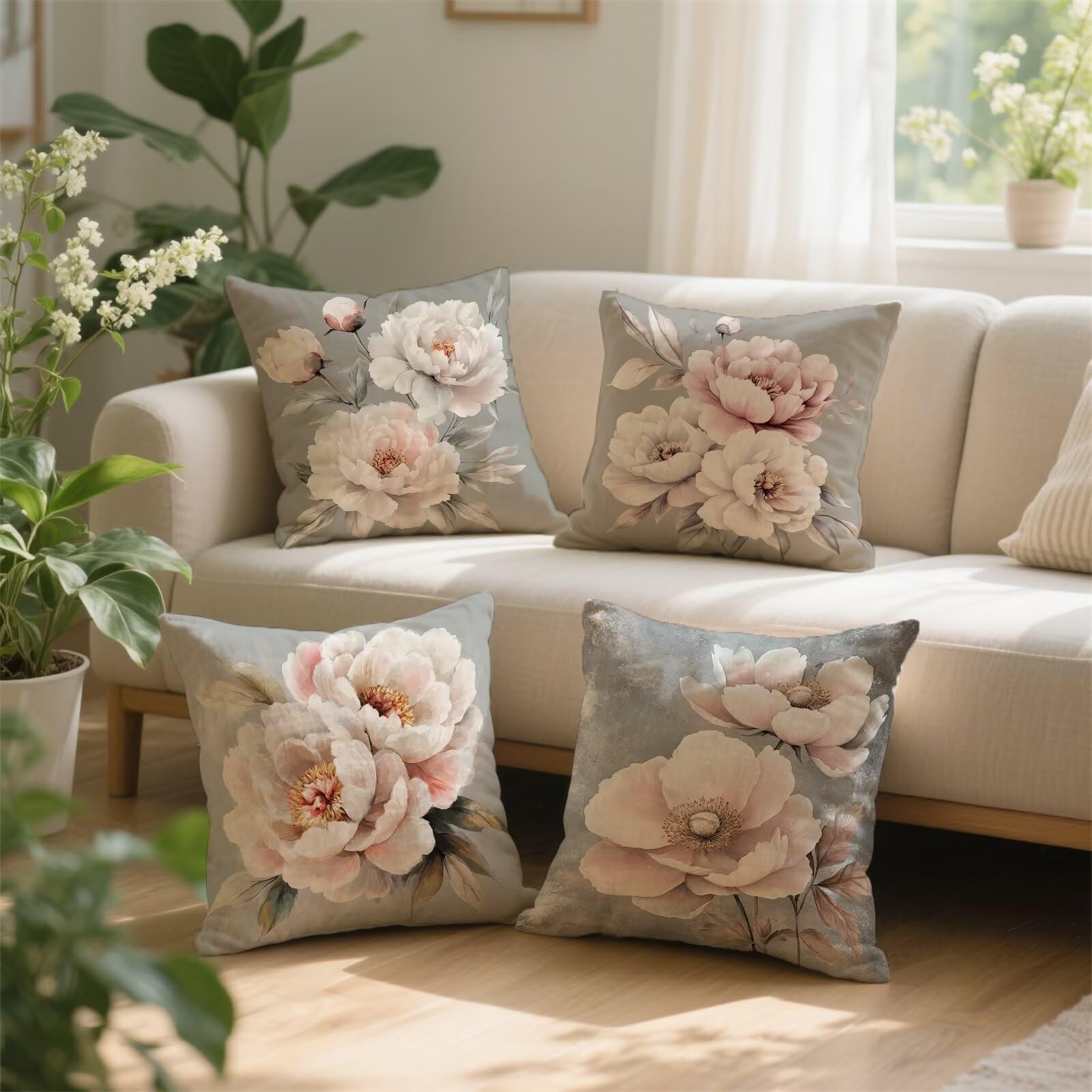 Juego de 4 cojines grandes impermeables para exteriores, 50 cm x 50 cm, fundas de almohada de doble cara rosa y gris para primavera/verano, muebles de jardín, decoración de patio, aspecto de lino