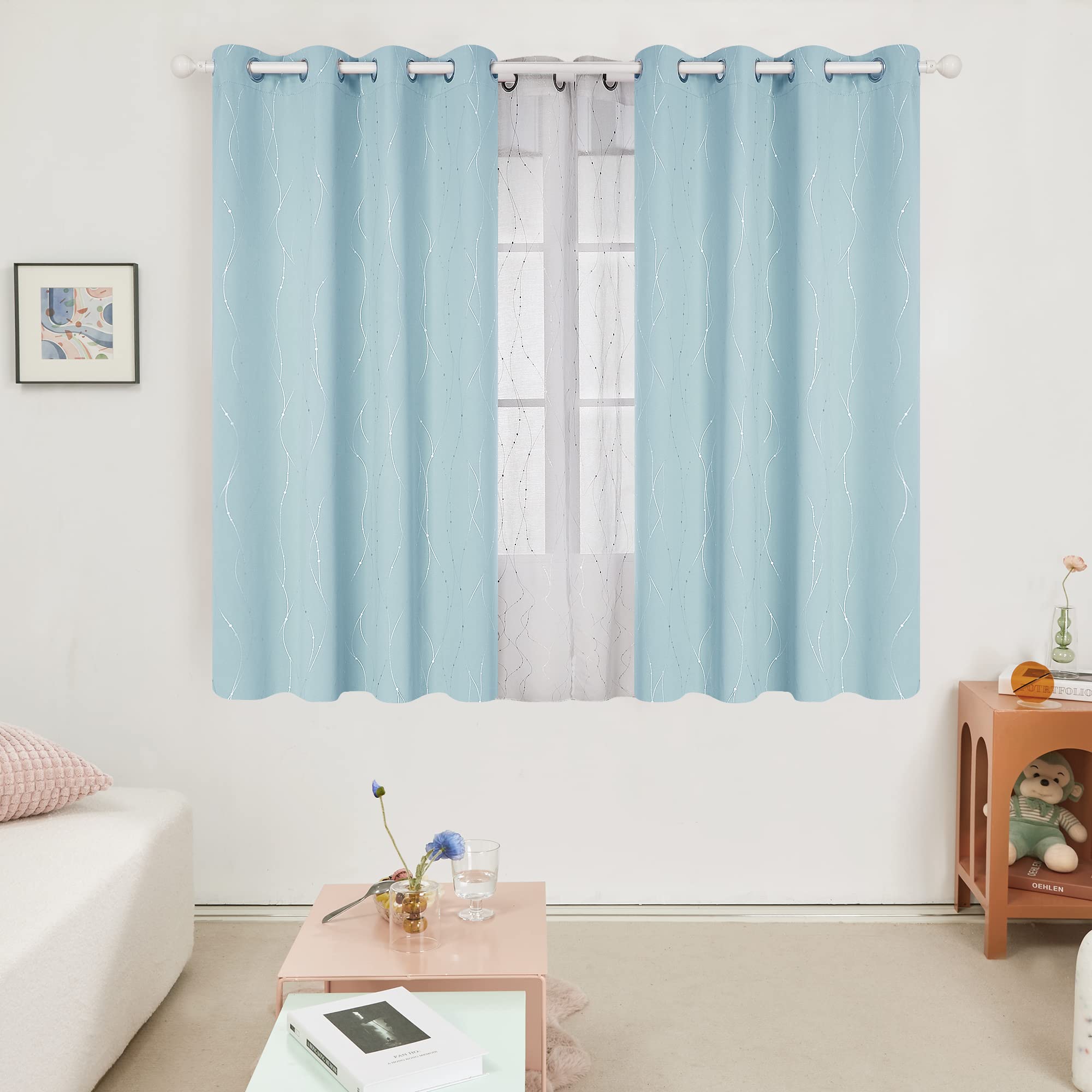 Deconovo Blackout Kitchen Curtains, 45 Inch Length, Pack of 2 - Thermal Insulated Curtains, Dots Pattern, Curtains for Small Windows (52 x 45 Inch, Sky Blue, Set of 2)