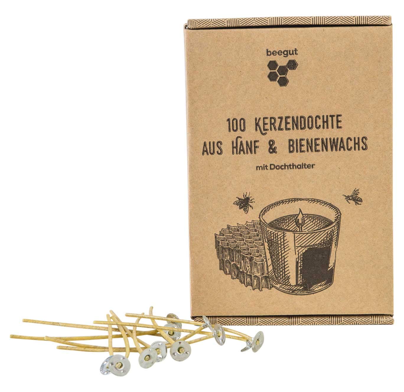 Lot de 100 mèches de bougies durables en chanvre renouvelable et cire d'abeille naturelle sans paraffine (10 cm) avec porte-mèche