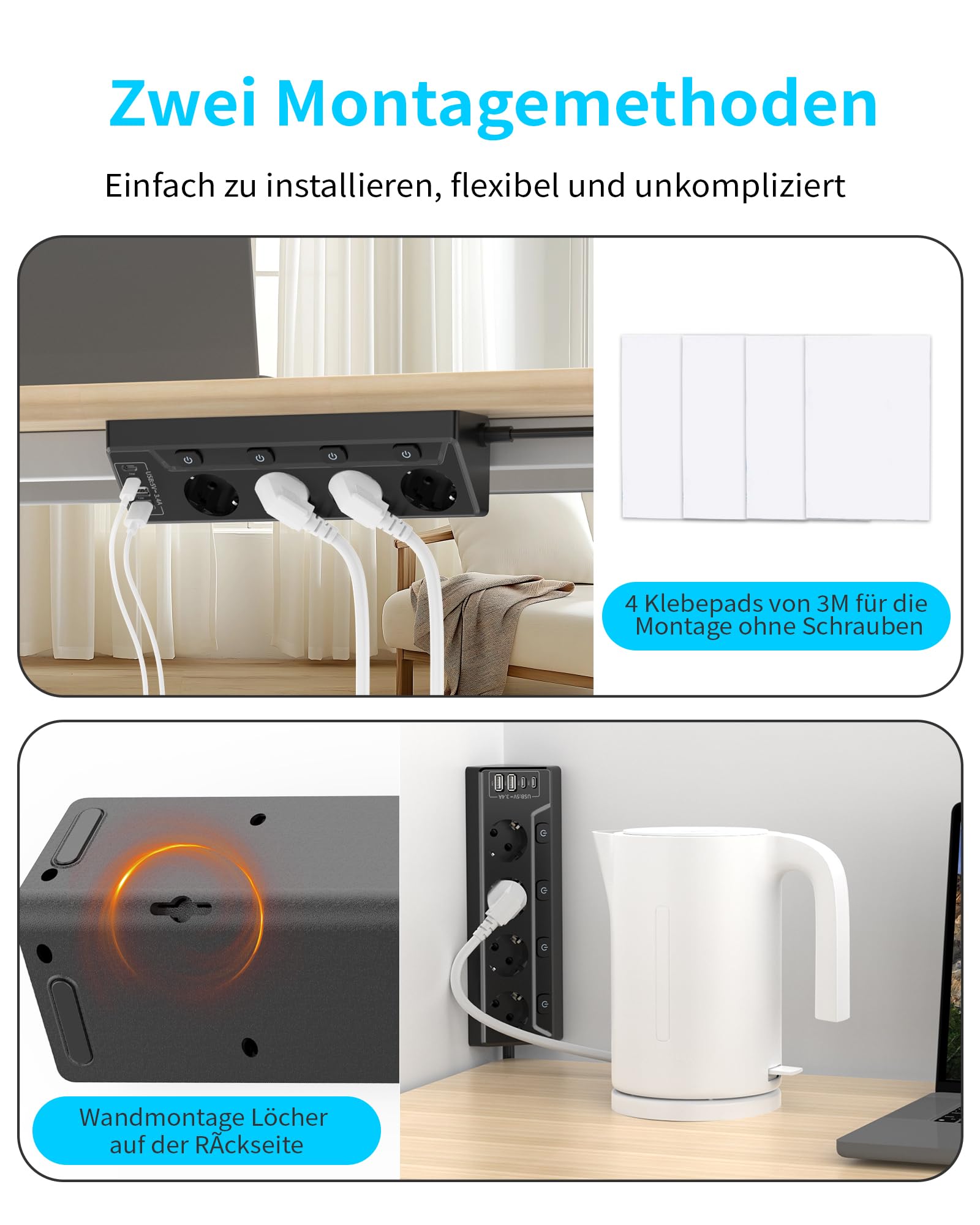 Ciabatta elettrica commutabile singola, presa multipla a 4 prese, con USB, 8 in 1, con cavo da 2 m, per casa e ufficio, 16 A, 3680 W (nero)