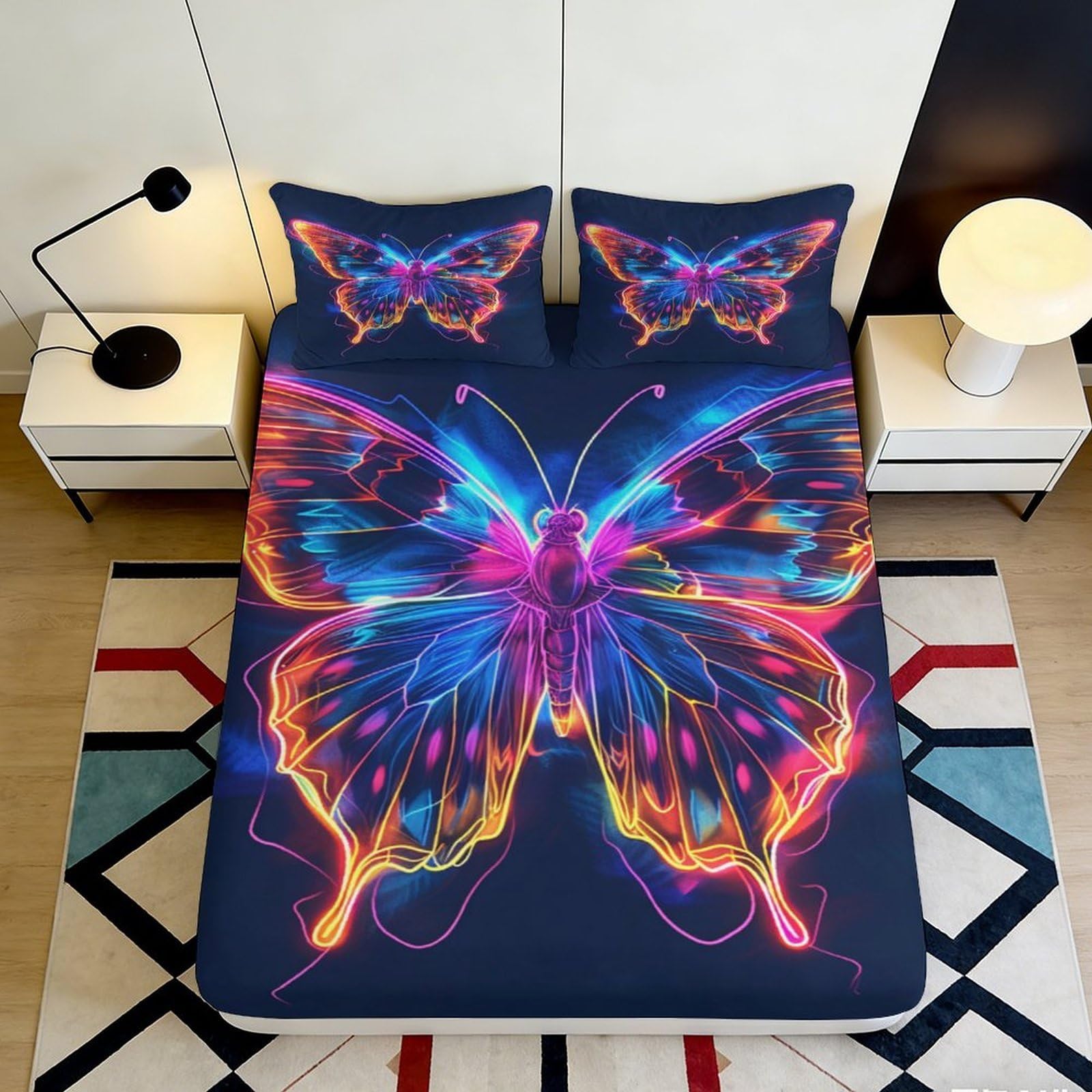 3D Printed Neon Butterfly Fitted Sheet Microfiber Soft Breathable Rainbow Glow Bed Cover for Bedroom Dorm Mattress Protection Decor 200x200x25cm
