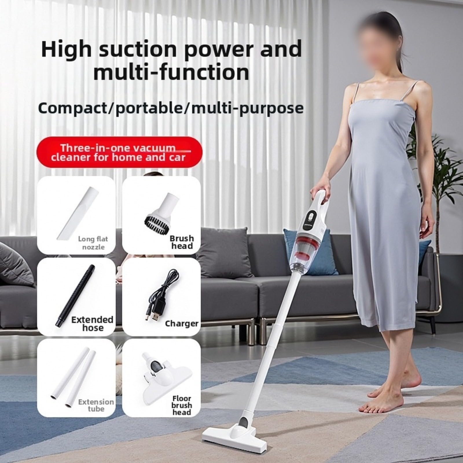 Aspirapolvere senza fili 20000Pa Aspirapolvere Portatile 3 in 1 Spazzola Leggero 0,55 kg per Casa Auto Ufficio Pavimento Divano Bianco 20 Min Runtime