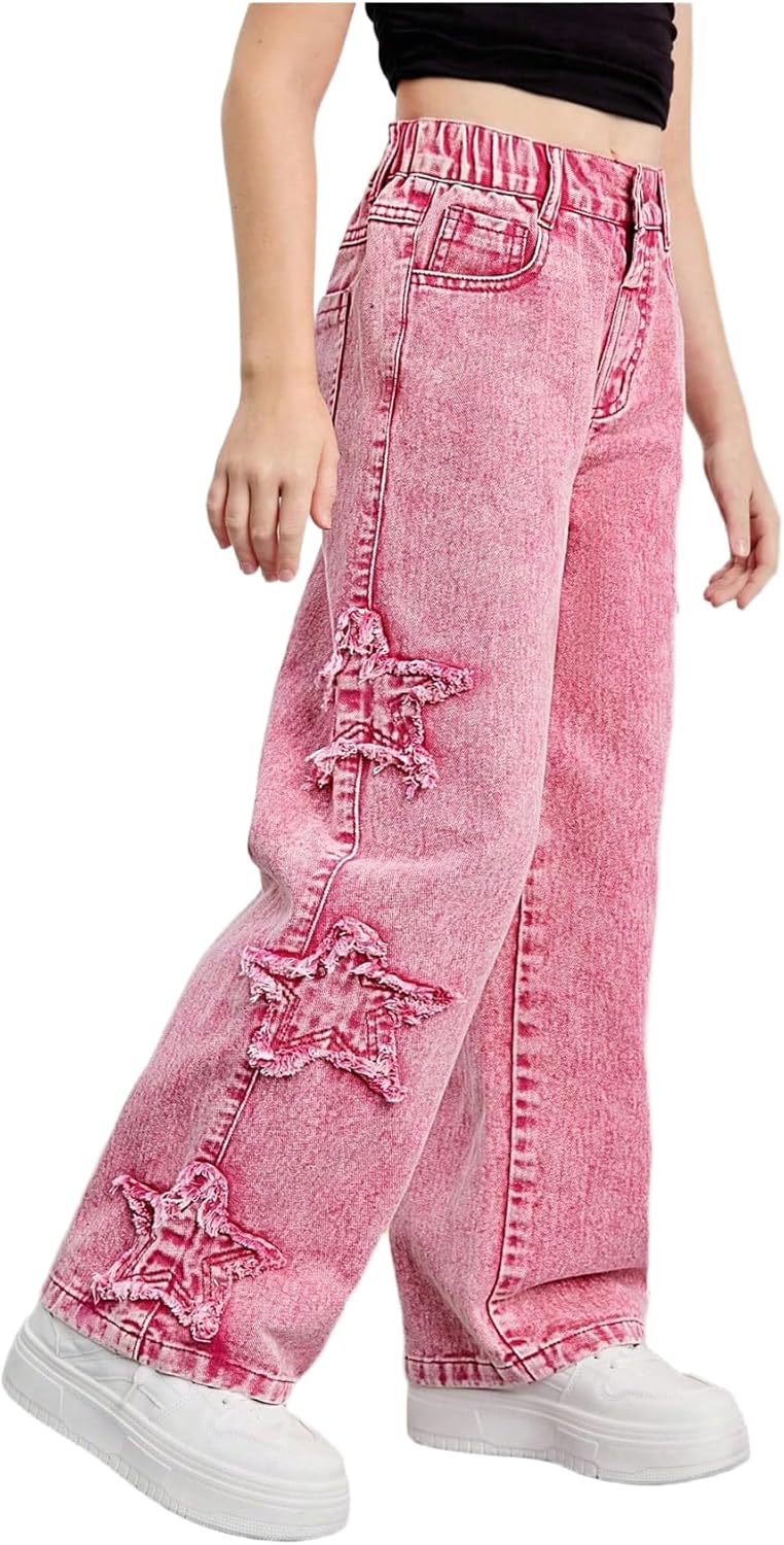 BEAUDRM Girl's Star Patched Y2k Jeans Wide Leg Elastic High Waist Denim Pants Streetwear