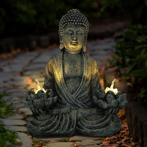 REYISO Estatua de Buda meditadora para decoración del hogar y decoración de jardín, estatuas de jardín zen con luces solares de loto, decoración de disponible en Yaxa Venezuela