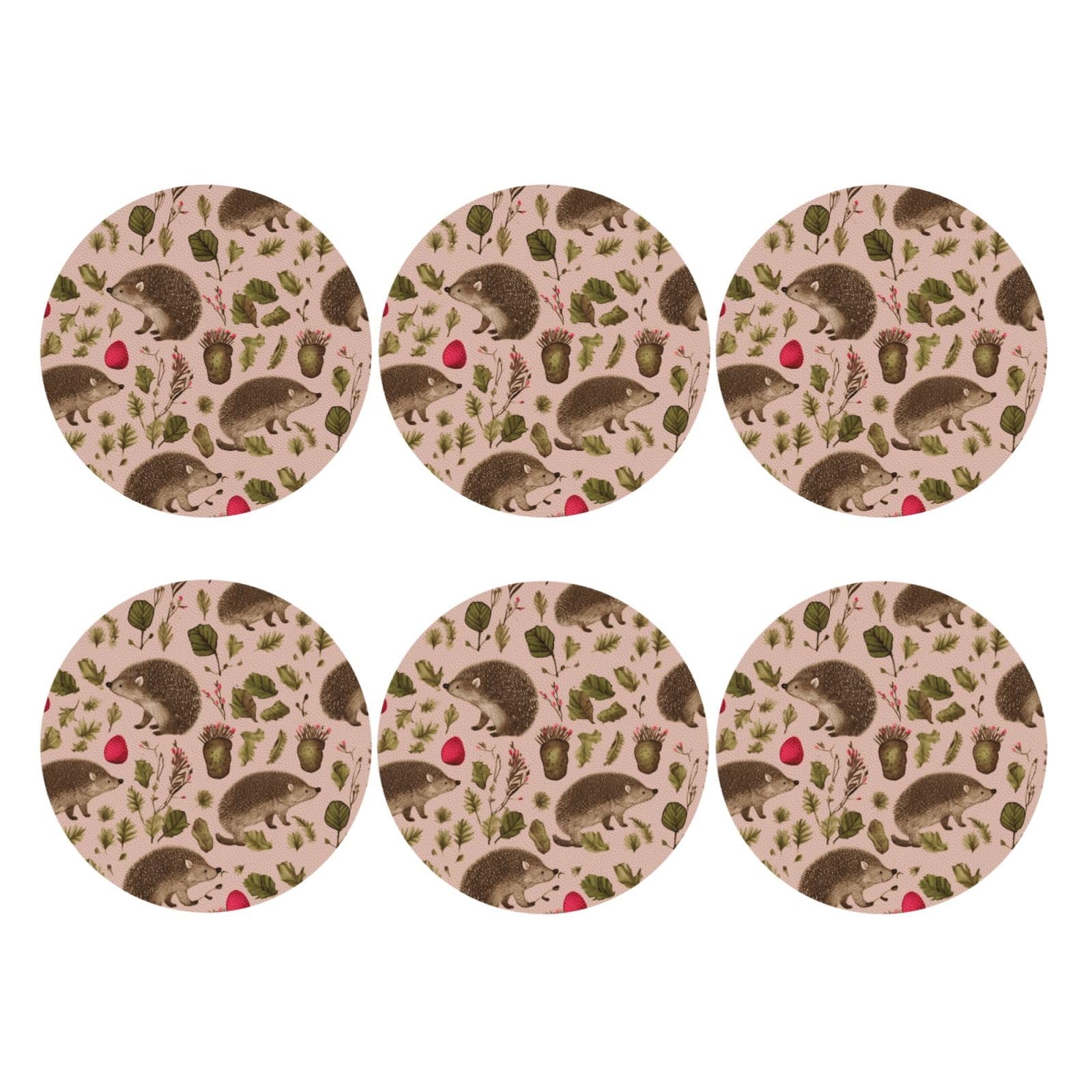 6pcs Leather Coasters for Drinks, Hedgehog Print Drink Coasters for Tabletop Protection, 4" Cup Coasters for Coffee Table Decor, Non-Slip Drinking Cup Mat for Hot Or Cold Drink