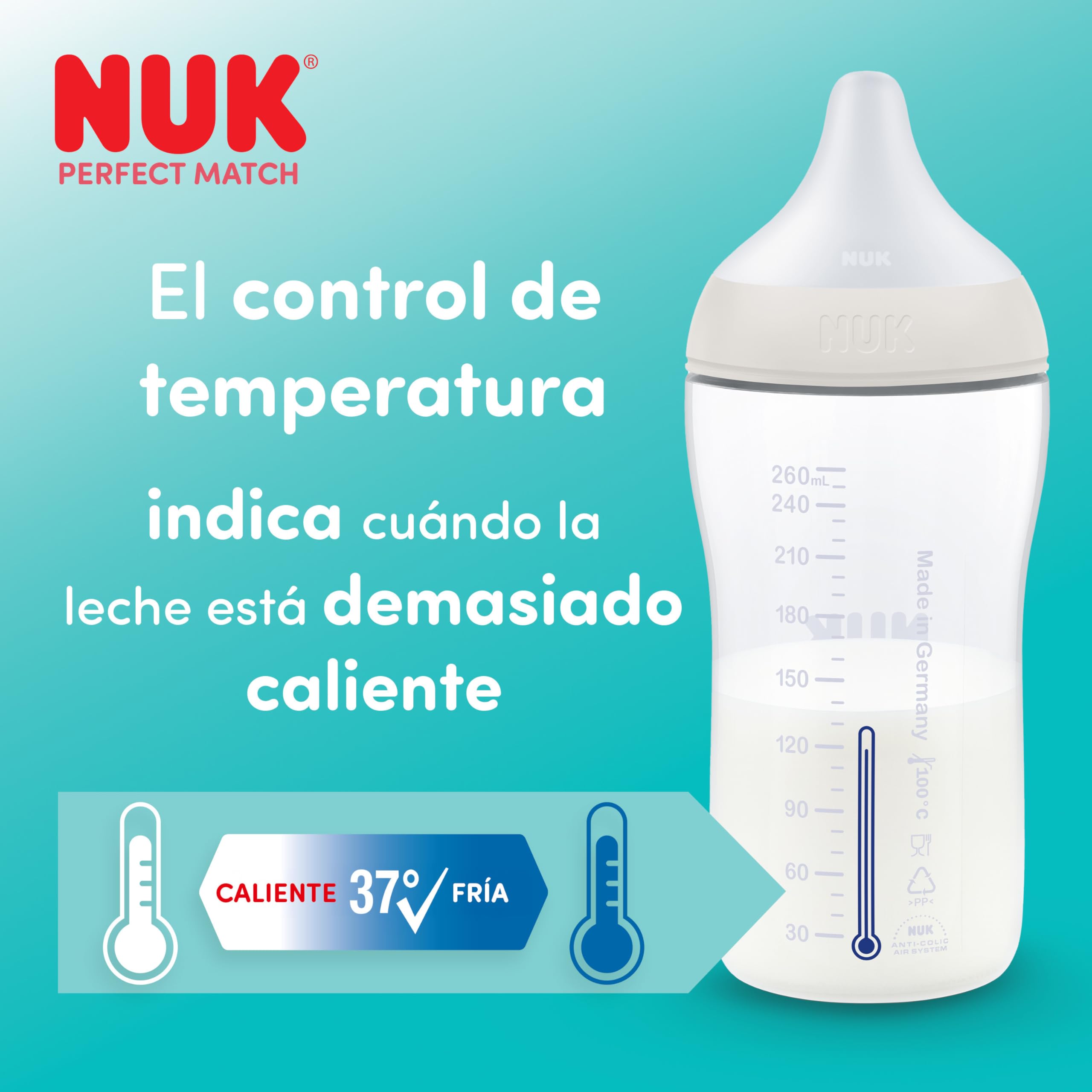 Set de 3 biberones Perfect Match de NUK | +3 meses | Se adapta al bebé como el pecho de mama | Control de temperatura | Ventilación anticólico | 260 ml | Tetina mediana (silicona) | Arcoíris