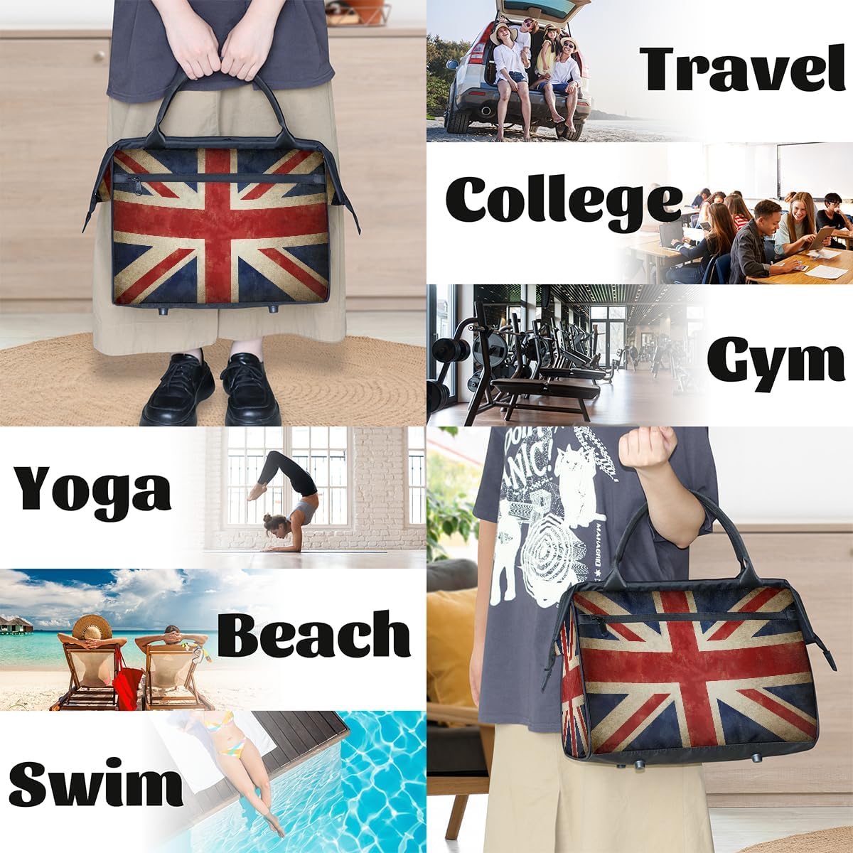 Small Overnight Weekender Tote Bag for Women Men British Retro Flag Foldable Travel Duffel Bags Lightweight Sports Gym Bag Waterproof Carry On Luggage Weekender Bag for Traveling Gifts