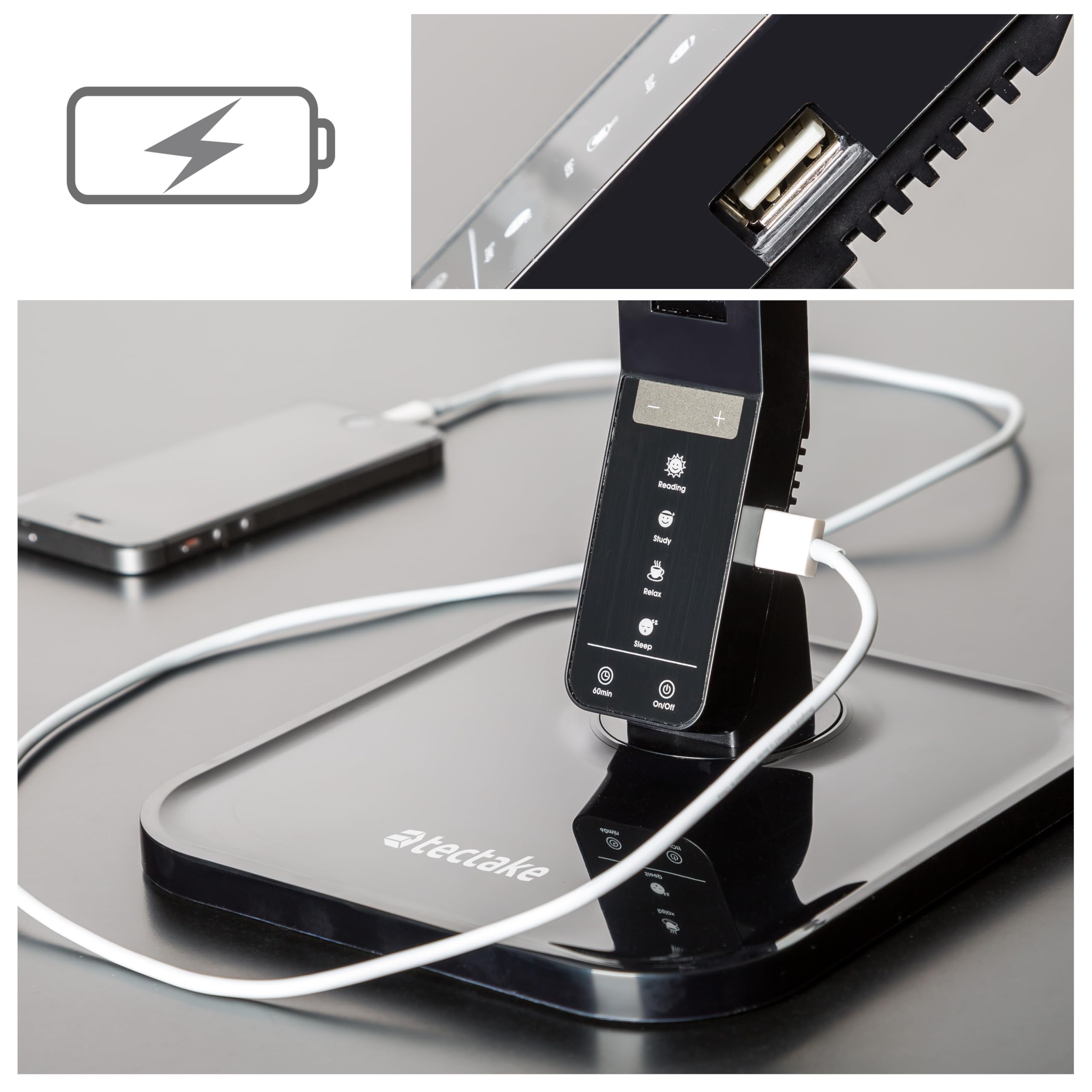 tectake® Schreibtischlampe dimmbar, Lampe mit USB Anschluss, LED Tischlampe, Tischleuchte, Schreibtischlampe LED, Desk Lamp, Lampe Schreibtisch mit USB LED, Arbeitsplatzleuchte - 4er Set