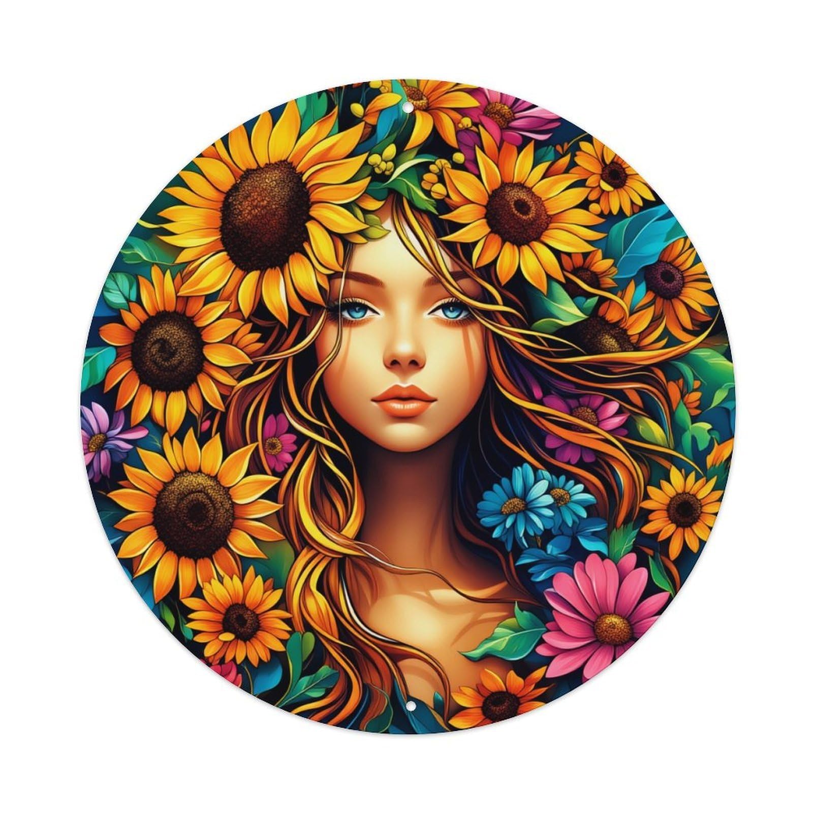 Jdfenggu Vintage Floral Sunflower Woman Portrait Art Retro Metal Tin Sign, Metal Poster For Bar, Home, Man Cave, Kitchen, Laundry Room Art Decor 8X8 Inch