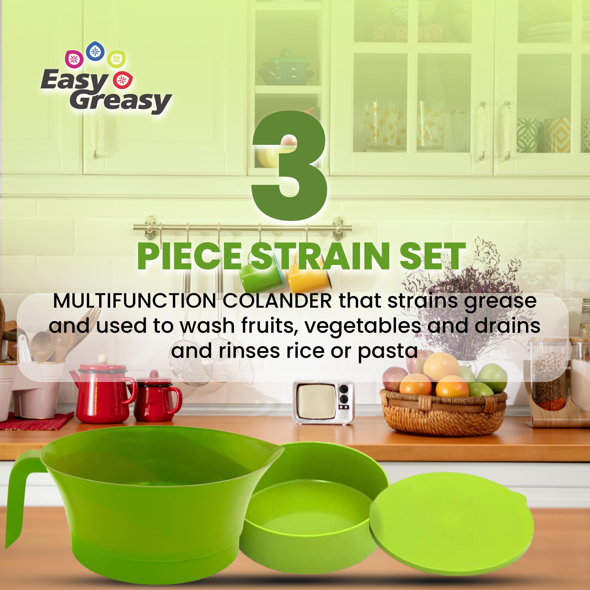 Colador con mango de plástico fácil de grasa -3 PC colador Set – Terreno carne grasa colador