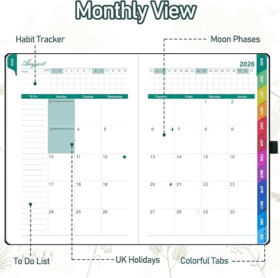 ZXHQ Academic Diary 2026-2027 Week to View A5, Mid Year Weekly Monthly Planner, Aug 2026 – Jul 2027, Hardcover, Colorful Tabs, Moon Phases, UK Holiday, Notes, Pen Set, Pocket, Size 5.9 × 8.5 - Teal