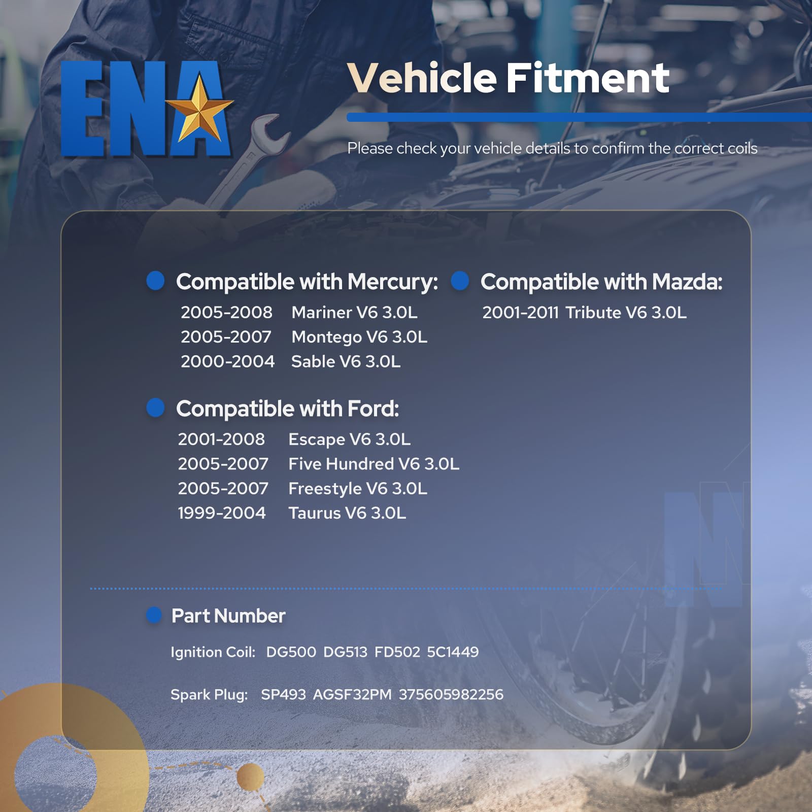 DG500 Ignition Coil Pack Spark Plugs Compatible with 3.0L 2001 2002 2003 2004 2005 2006 2007 2008 Ford Escape Freestyles Taurus 500 Five Hundred Mazda Tribute Mercury Mariner Montego Sable Set of 6