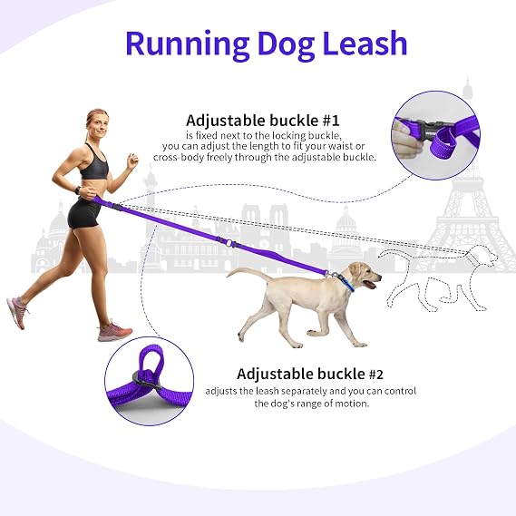 Hands Free Dog Leash by Kazazoo, Adjustable 6-9 FT Waist & Crossbody Leash with Quick Off Buckle, Reflective Stitches for Walking, Jogging,Medium to Large Dogs Purple-L
