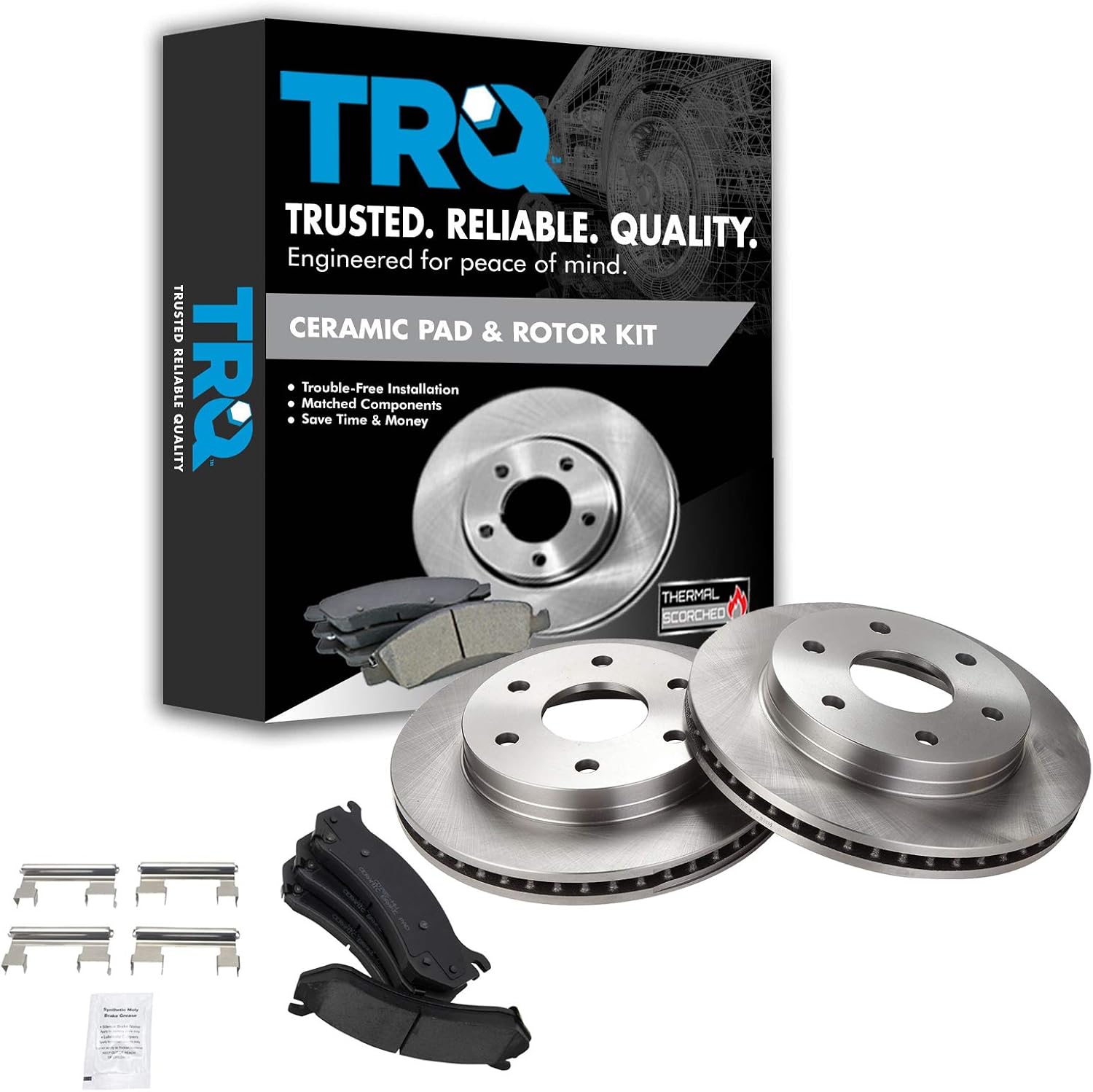 TRQ Front Brake Kit Compatible with Chevy GMC Silverado Sierra Yukon XL Avalanche 1500 Tahoe Cadillac Escalade EXT ESV Disc Brake Rotors Ceramic Brake Pads 12 inch Rotor 4-Wheel Disc Model BKA11168